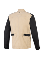 Alpinestars Dice-jacka, urban motorcykeljacka, Aluminum Black, vy bakifrån som visar beige kropp i polybomull och svarta ärmar, med justerbara midjeremmar, veckade axelpaneler och arbetsklädesinspirerad design