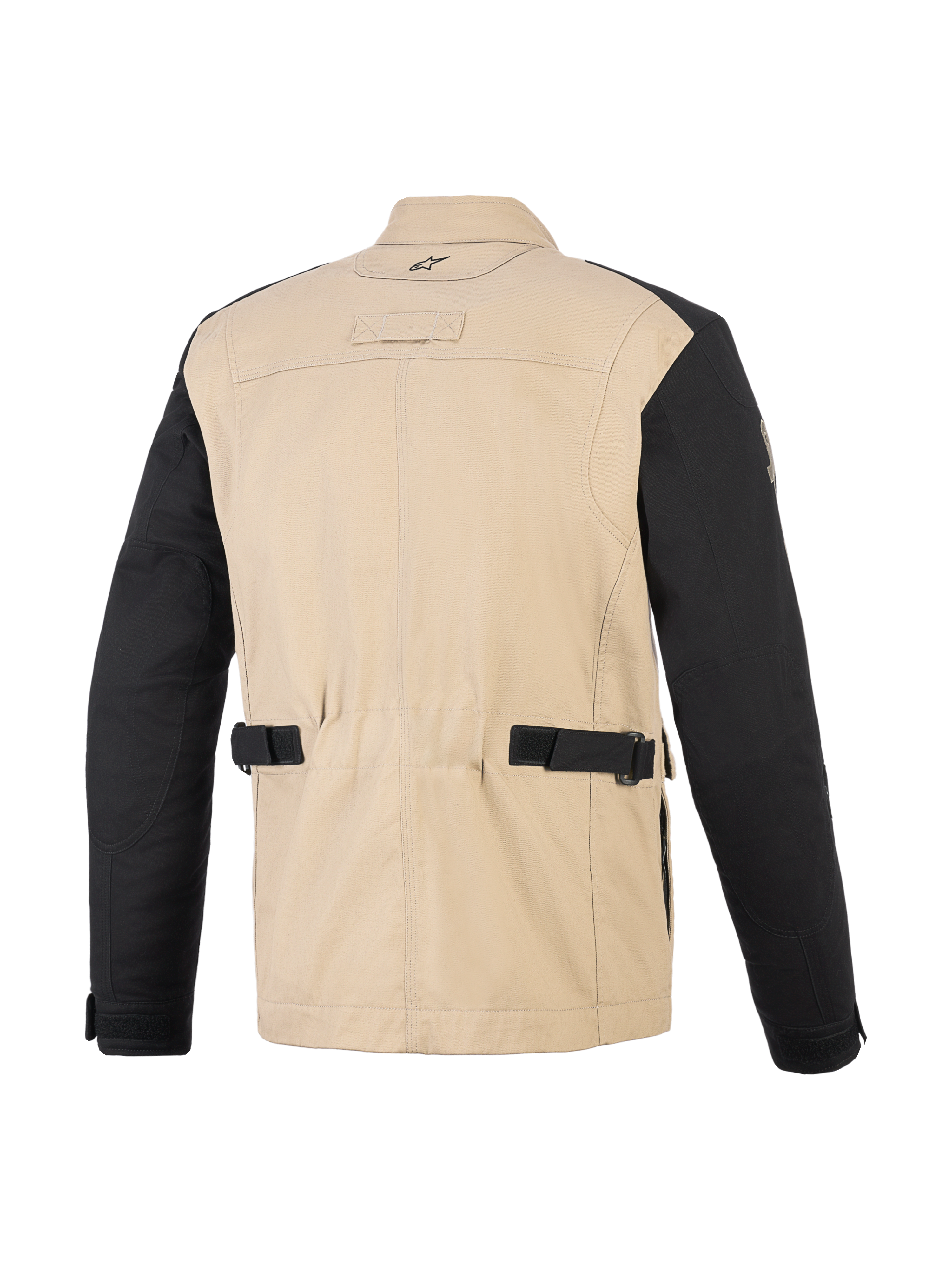 Alpinestars Dice-jacka, urban motorcykeljacka, Aluminum Black, vy bakifrån som visar beige kropp i polybomull och svarta ärmar, med justerbara midjeremmar, veckade axelpaneler och arbetsklädesinspirerad design