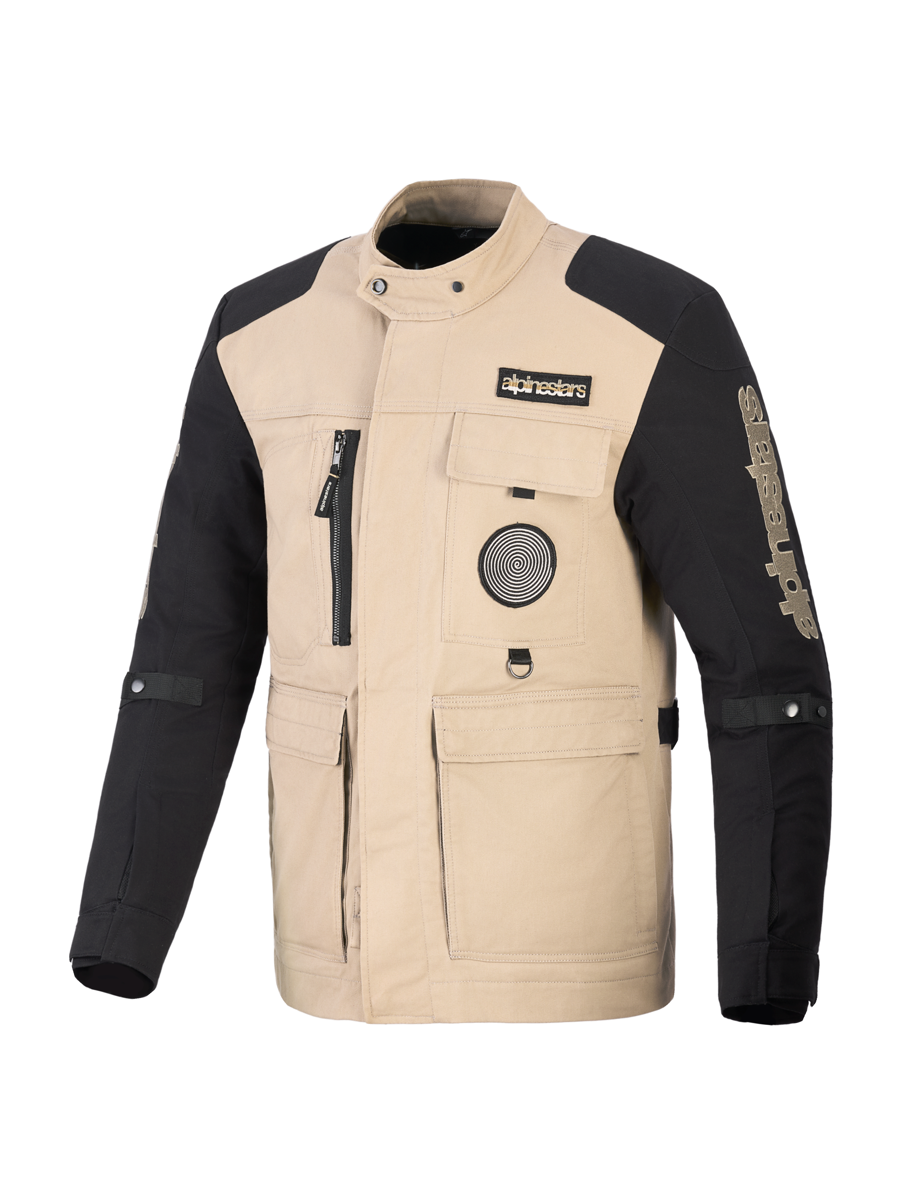 Alpinestars Dice Jacka, urban motorcykeljacka, tan och svart, arbetsklädesinspirerad design med fyra praktiska fickor fram och logotyplappar, robust textilkonstruktion för gatuprestanda