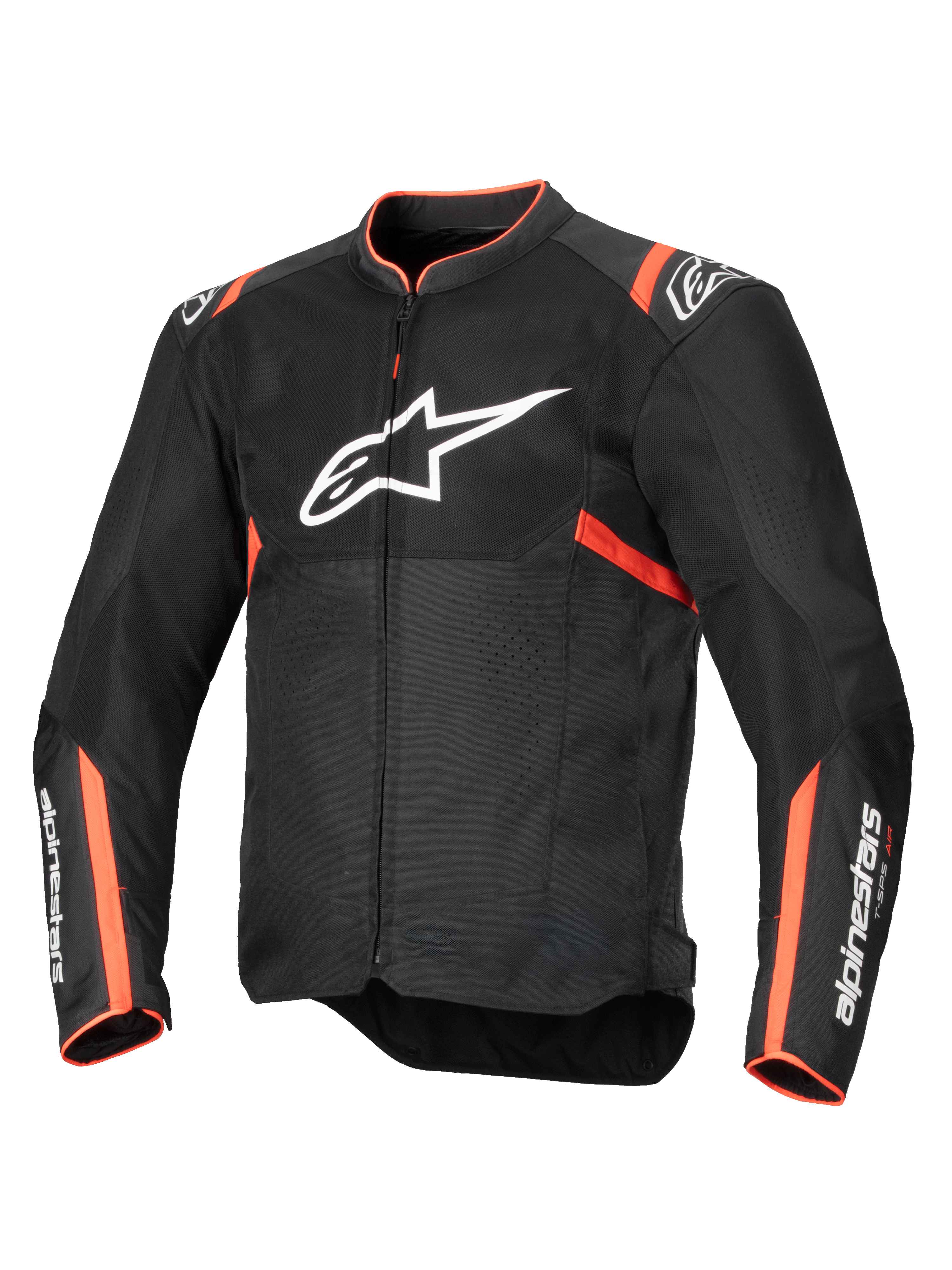 Alpinestars T-SPS Air V2 jacka, motorcykeljacka för herrar, svart och fluorescerande röd, meshpaneler för maximalt luftflöde, Tech-Air®-redo, slitstark textil med Nucleon Flex Plus-skydd.