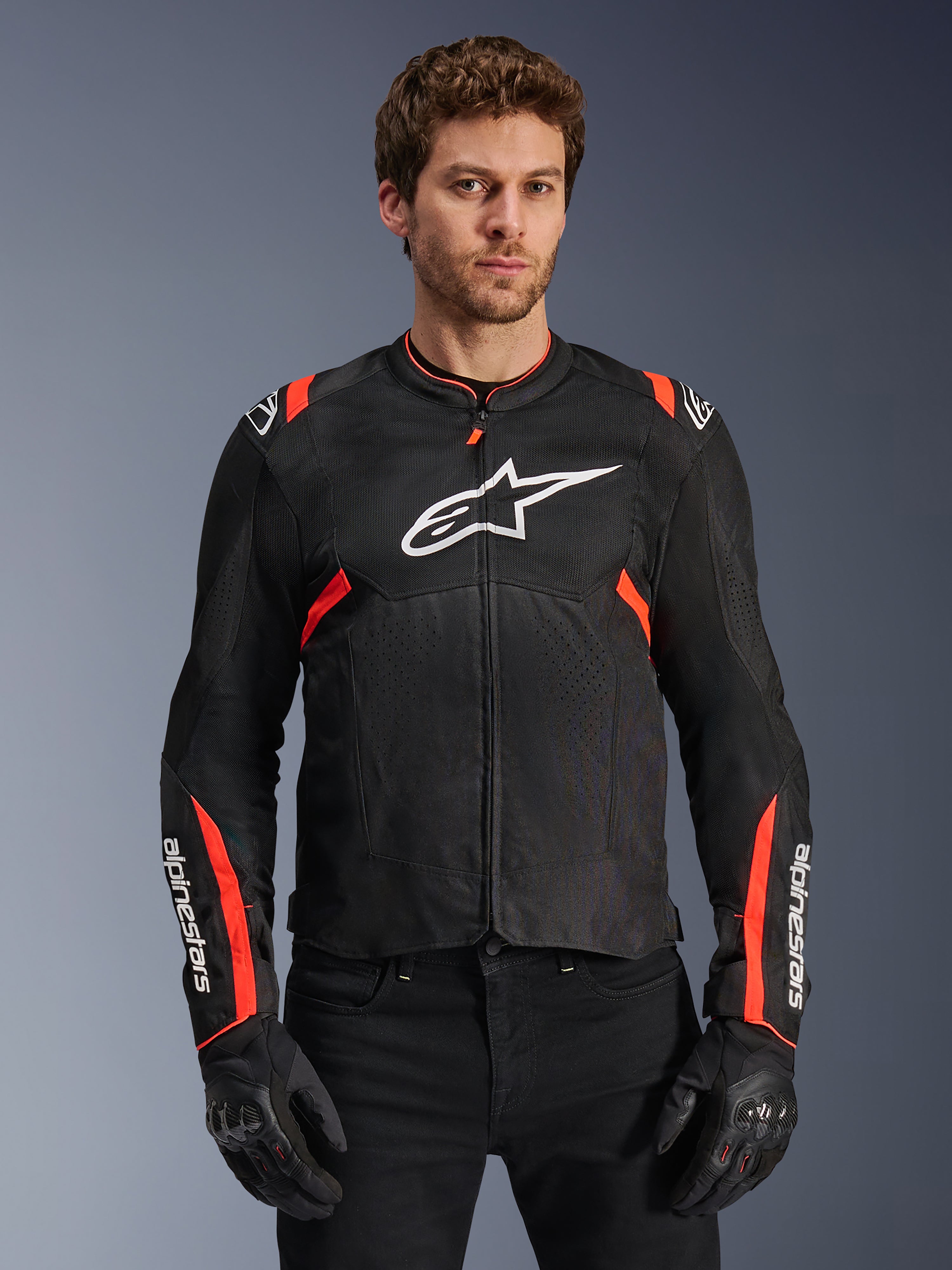 Alpinestars T-SPS Air V2 jacka, ventilerad motorcykeljacka för herrar, svart och röd fluo, tech-mesh-paneler för luftflöde