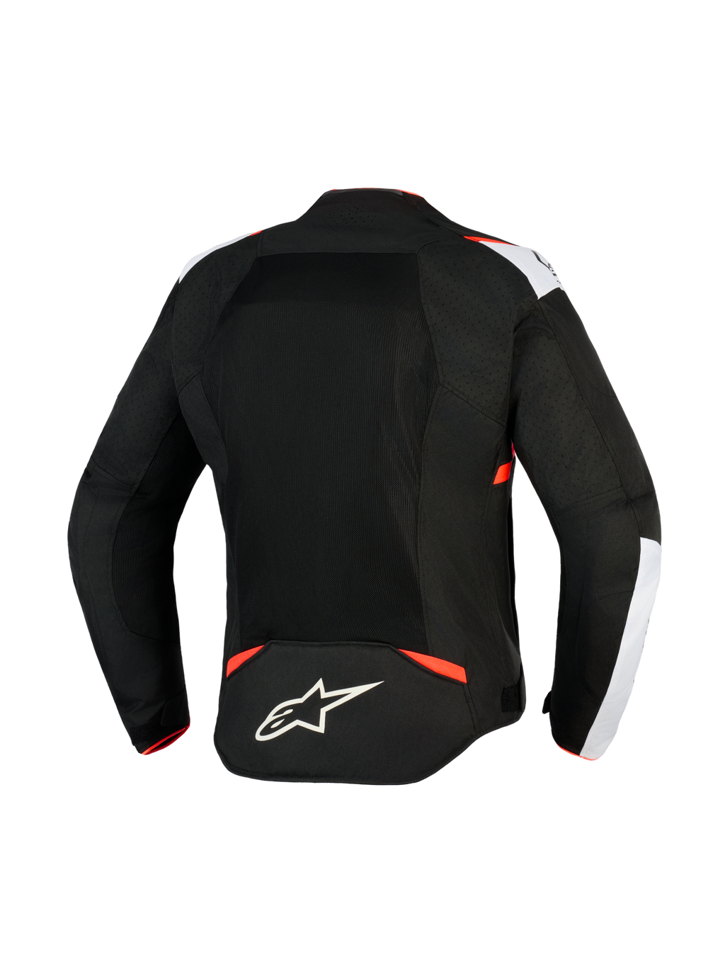 Alpinestars T-Sps Air V2-jacka, motorcykeljacka i textil, svart, vit och röd fluo, vy bakifrån med stora meshpaneler för luftflöde, vita axeldetaljer, Alpinestars stjärnlogotyp på nedre delen av ryggen, urban sportdesign