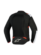 Alpinestars T-Sps Air V2-jacka, motorcykeljacka i textil, svart, vit och röd fluo, vy bakifrån med stora meshpaneler för luftflöde, vita axeldetaljer, Alpinestars stjärnlogotyp på nedre delen av ryggen, urban sportdesign