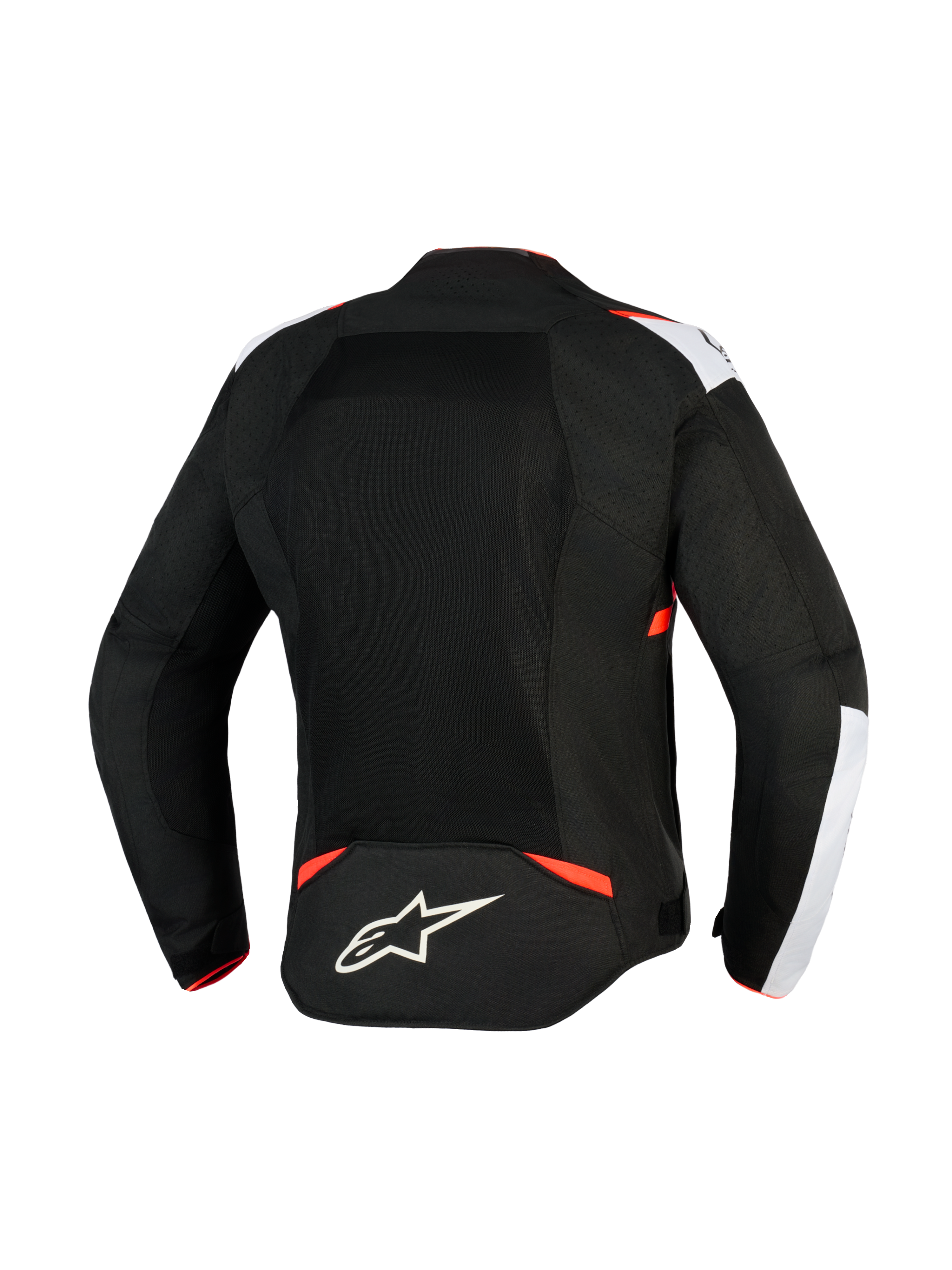 Alpinestars T-Sps Air V2-jacka, motorcykeljacka i textil, svart, vit och röd fluo, vy bakifrån med stora meshpaneler för luftflöde, vita axeldetaljer, Alpinestars stjärnlogotyp på nedre delen av ryggen, urban sportdesign
