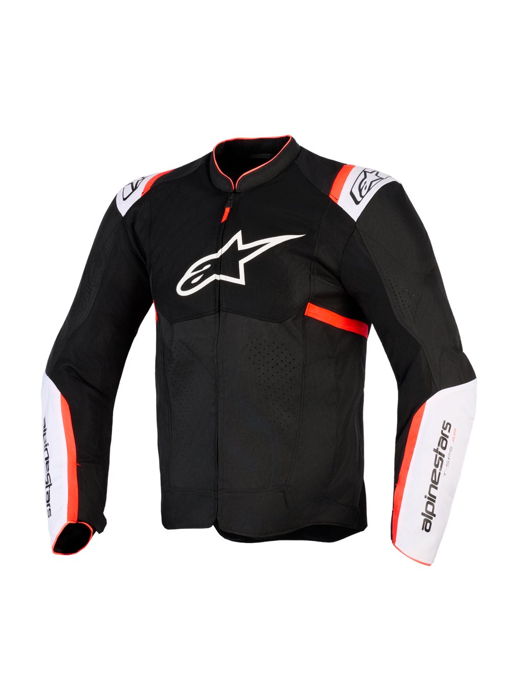 Alpinestars T-Sps Air V2 jacka, motorcykeljacka, svart, vit och fluorescerande röd, vy framifrån med stor vit stjärnlogotyp på bröstet, meshpaneler, vita ärmpaneler med fluorescerande röda detaljer, teknisk textilkonstruktion för sommarkörning