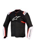 Alpinestars T-Sps Air V2 jacka, motorcykeljacka, svart, vit och fluorescerande röd, vy framifrån med stor vit stjärnlogotyp på bröstet, meshpaneler, vita ärmpaneler med fluorescerande röda detaljer, teknisk textilkonstruktion för sommarkörning