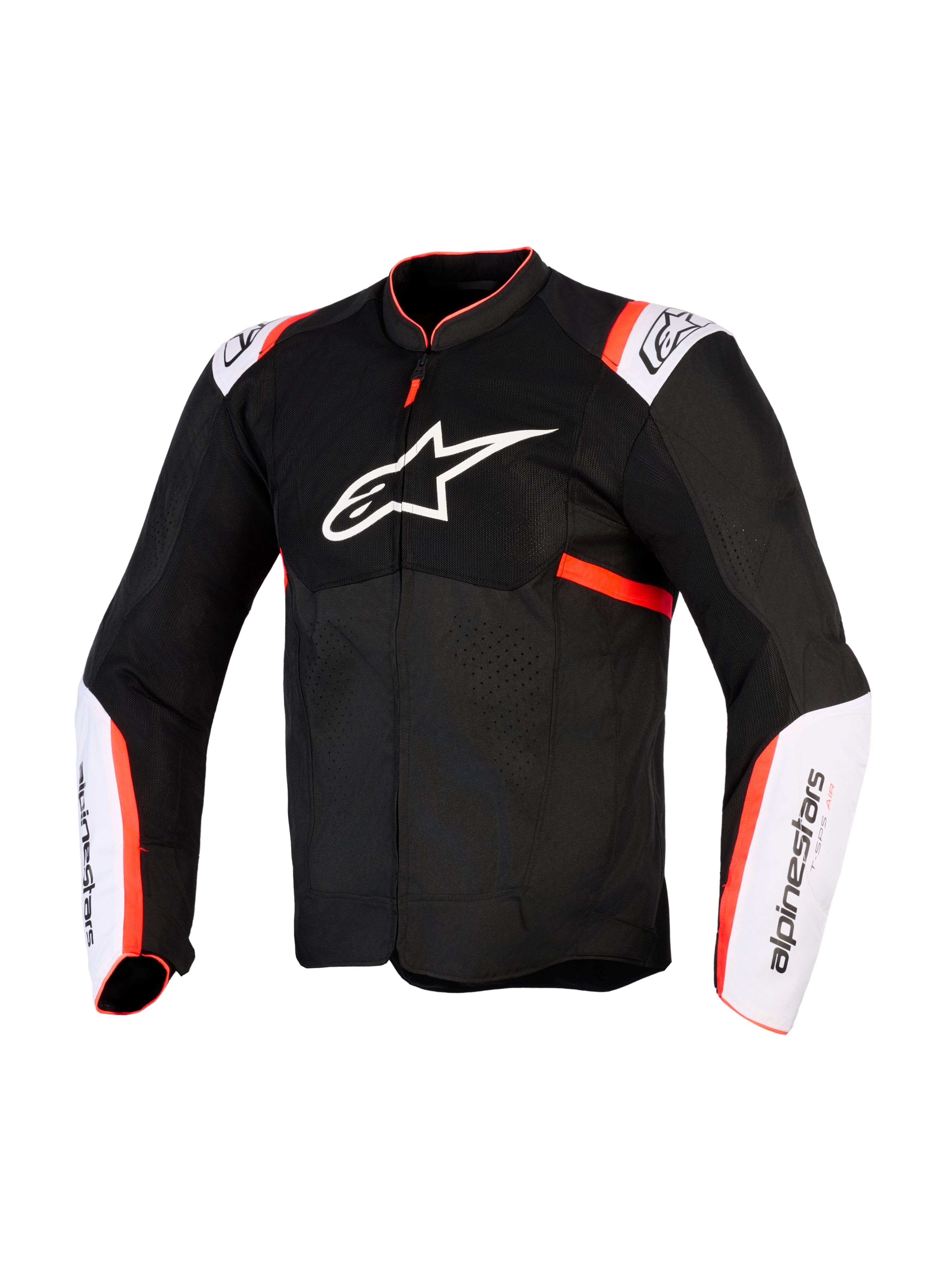 Alpinestars T-Sps Air V2 jacka, motorcykeljacka, svart, vit och fluorescerande röd, vy framifrån med stor vit stjärnlogotyp på bröstet, meshpaneler, vita ärmpaneler med fluorescerande röda detaljer, teknisk textilkonstruktion för sommarkörning