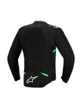 Alpinestars T-SPS Air V2 Jacket, Back View, Black and Fluo Green, featuring a large tech mesh panel for maximum airflow, fluorescent green accents on shoulders and waist, and a white Alpinestars logo on the lower back.