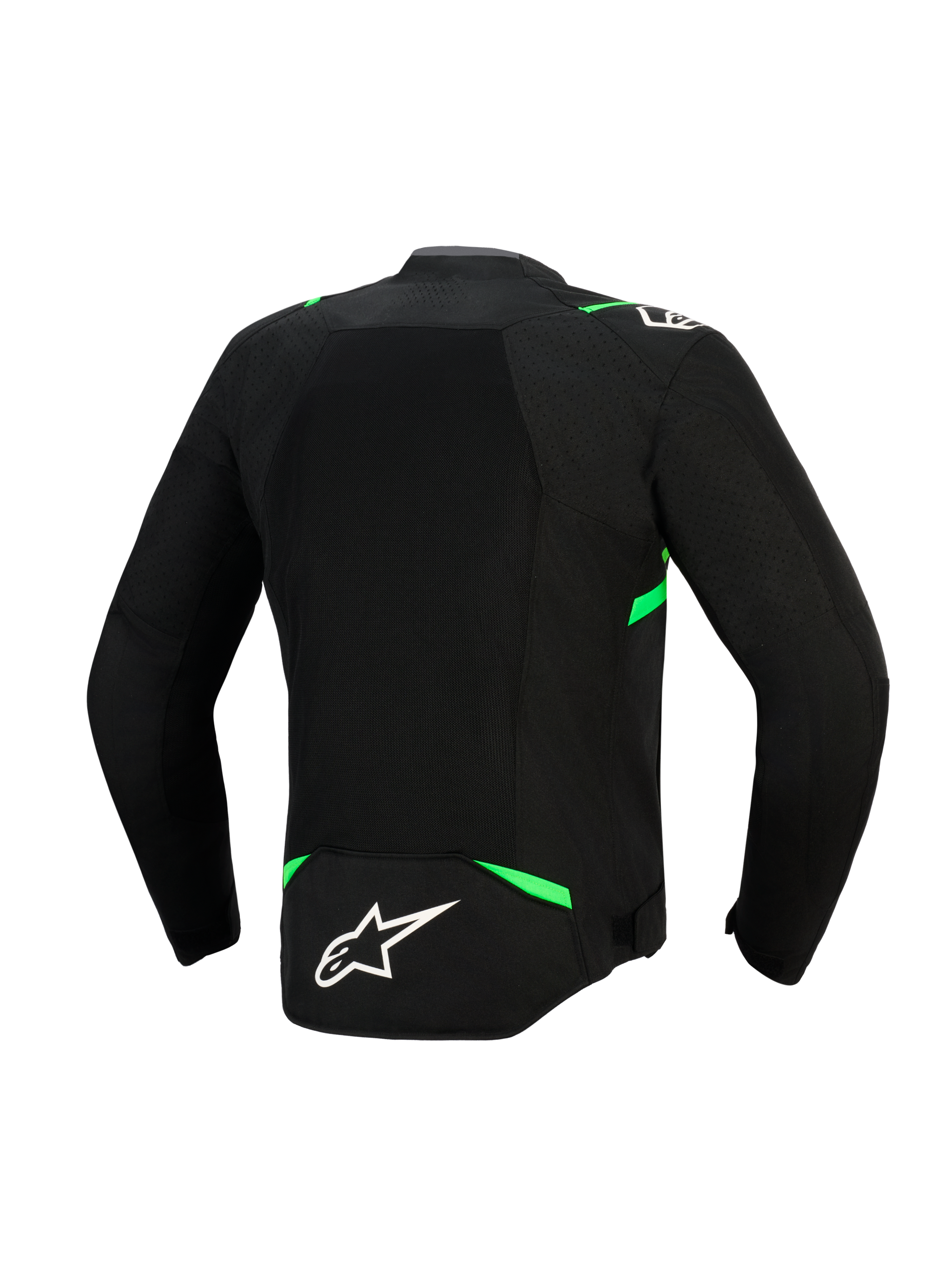 Alpinestars T-SPS Air V2 Jacket, Back View, Black and Fluo Green, featuring a large tech mesh panel for maximum airflow, fluorescent green accents on shoulders and waist, and a white Alpinestars logo on the lower back.