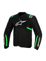 Alpinestars T-SPS Air V2 Jacket, Black and Fluo Green, front view featuring white Alpinestars logo on chest, tech mesh panels for ventilation, and green accents on shoulders and sleeves, sport motorcycle riding gear