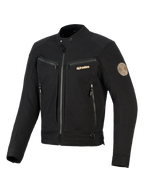 Alpinestars Bruiser Jacket, Black Urban Motorcycle Jacket, features zippered chest and hand pockets, gold-toned branding and Oscar spiral shoulder patch, workwear-inspired textile design.