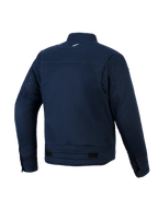 Alpinestars Bruiser Jacket, Urban Motorcycle Jacket, Dark Blue, rear view featuring stretch polycotton twill construction, small white logo on back neck, ventilation eyelets on sleeves, and adjustable waist tabs.