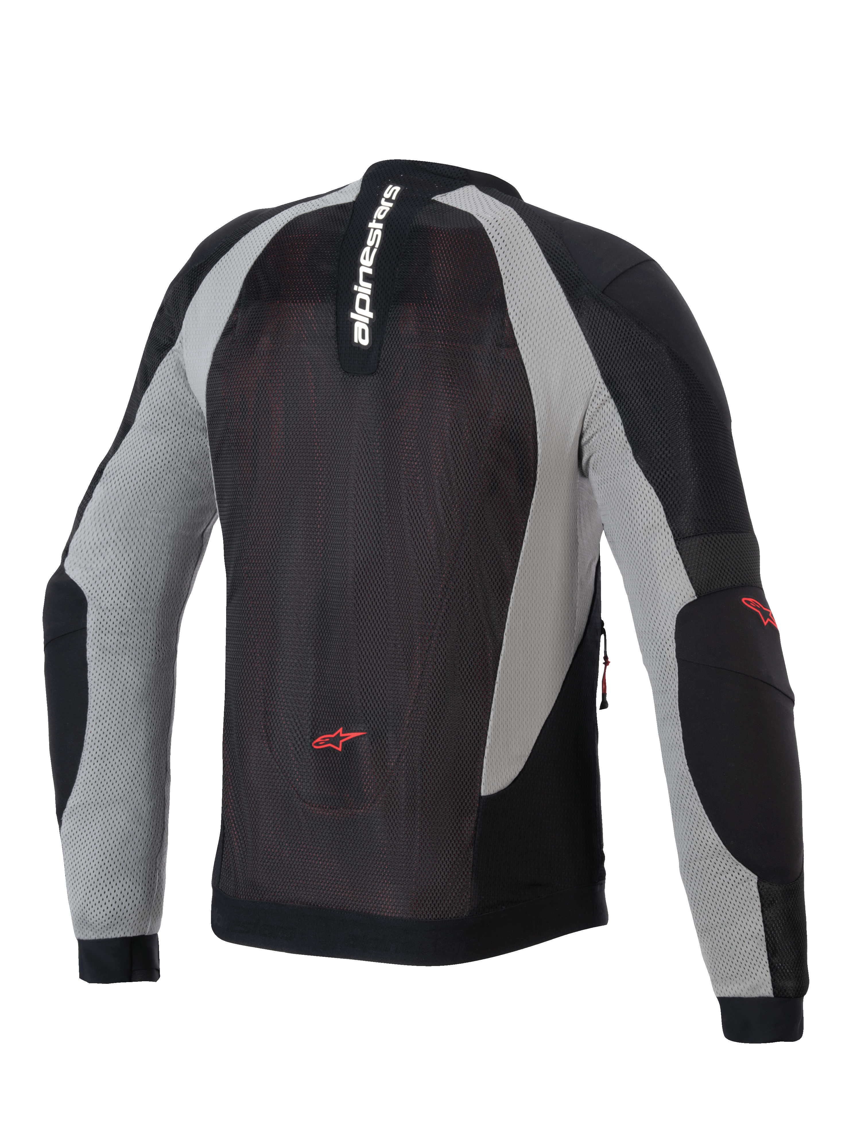 Alpinestars Troop-Air Jacket, Motorcycle Air Jacket, Black Ash Gray and Bright Red, Rear view showing technical mesh construction, vertical Alpinestars branding on the collar, and red star logos on the lower back and elbows.