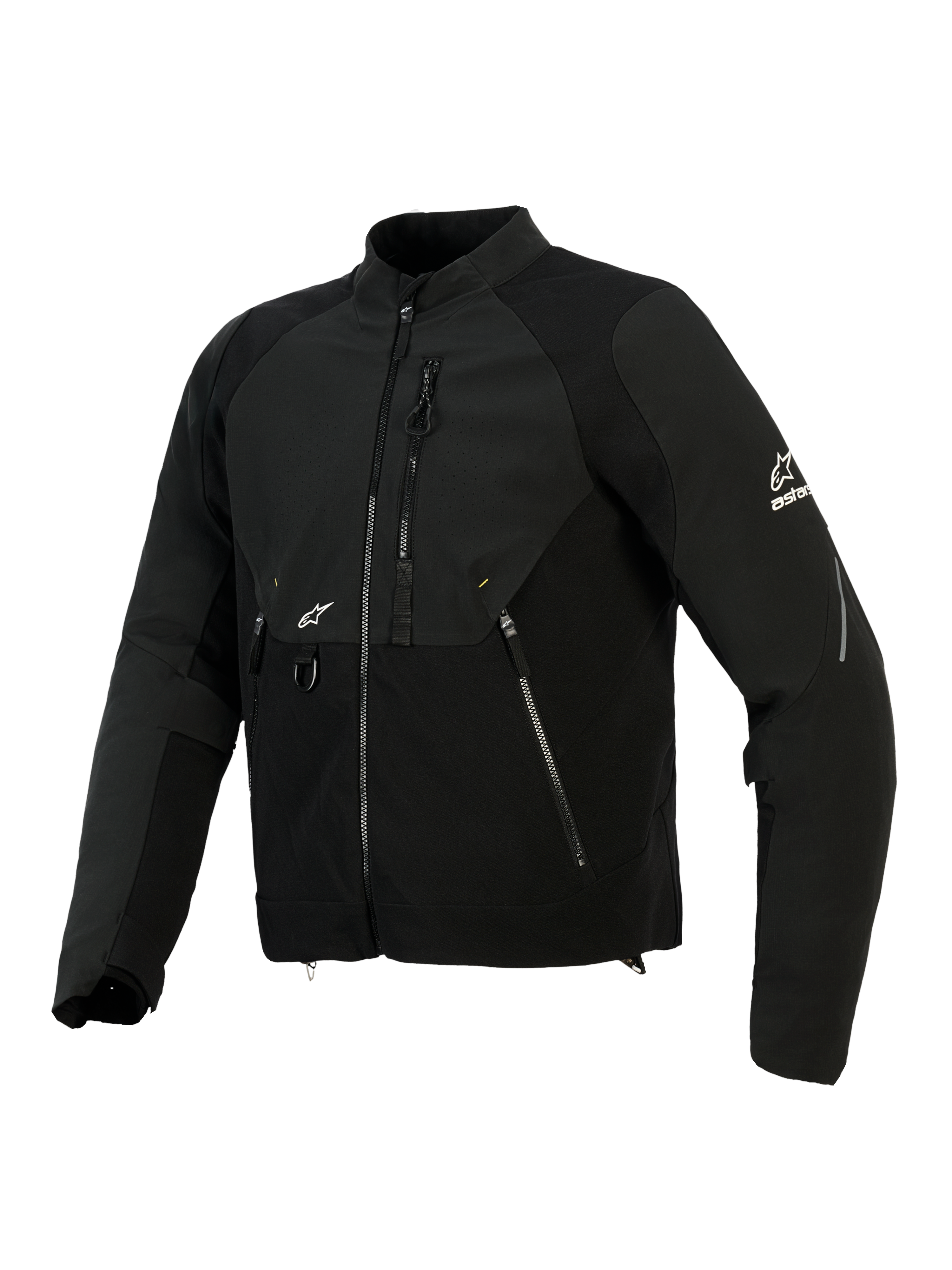 Alpinestars Provoke Jacket, Textile Motorcycle Jacket, Black, features ripstop softshell panels, laser-perforated chest zone, zippered pockets, white Alpinestars logo on sleeve and chest, urban contemporary riding gear