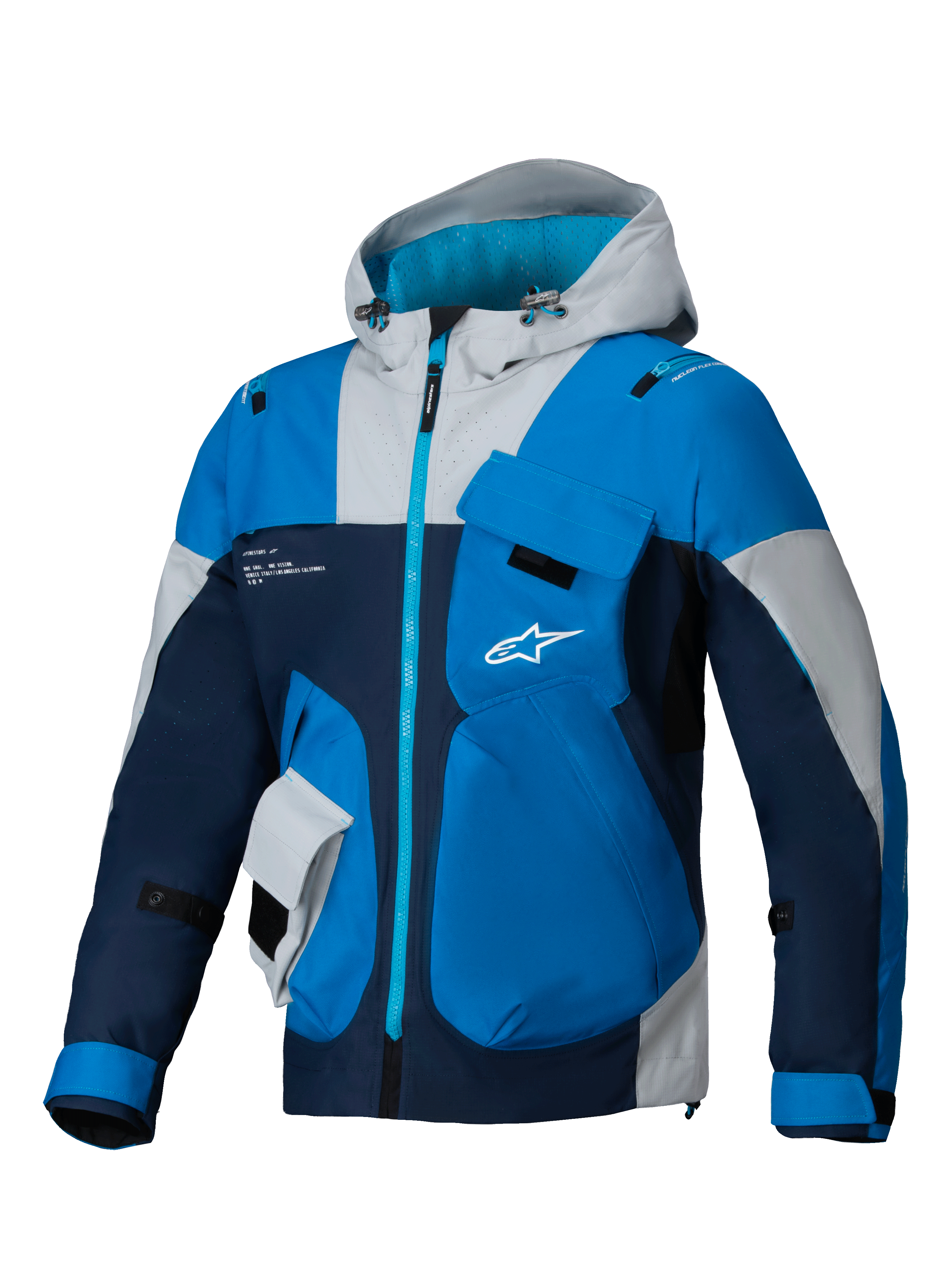 Alpinestars Mogress Air jacka, blå och marinblå urban motorcykeljacka i ventilerad ripstop med huva, CE-certifierat skydd.
