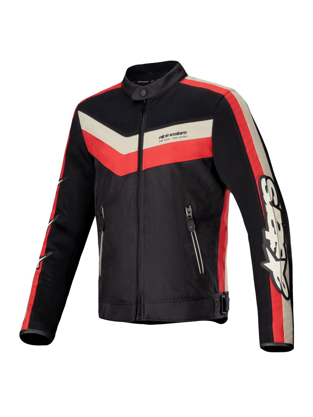 Alpinestars T-Dyno Air Jacket, men's textile motorcycle riding jacket in Black, Bright Red, and Ecru, featuring CE-certified protection, 3D mesh airflow panels, and vintage-inspired styling