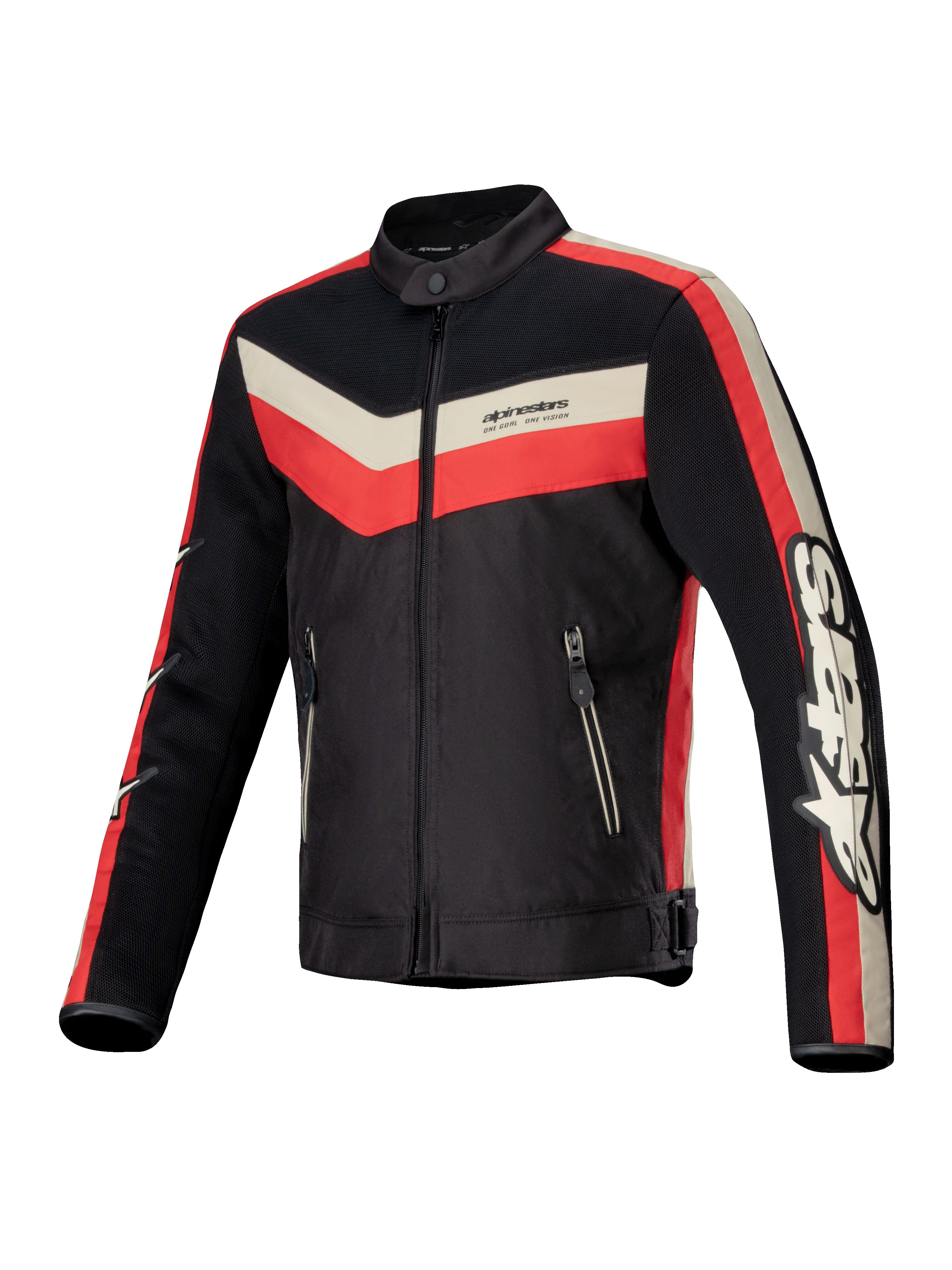 Alpinestars T-Dyno Air Jacket, men's textile motorcycle riding jacket in Black, Bright Red, and Ecru, featuring CE-certified protection, 3D mesh airflow panels, and vintage-inspired styling