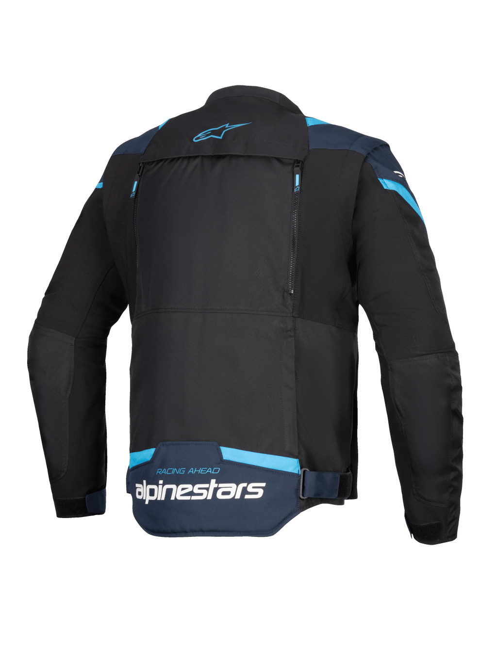 Alpinestars T-Stunt Air Jacket, motorcykeljacka, svart, mörkblå och ljusblå, vy bakifrån som visar stor modulär ryggpanel med dragkedjor, Alpinestars-logotyp och texten 'Racing Ahead' på nedre delen av ryggen.