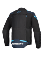 Alpinestars T-Stunt Air Jacket, motorcykeljacka, svart, mörkblå och ljusblå, vy bakifrån som visar stor modulär ryggpanel med dragkedjor, Alpinestars-logotyp och texten 'Racing Ahead' på nedre delen av ryggen.