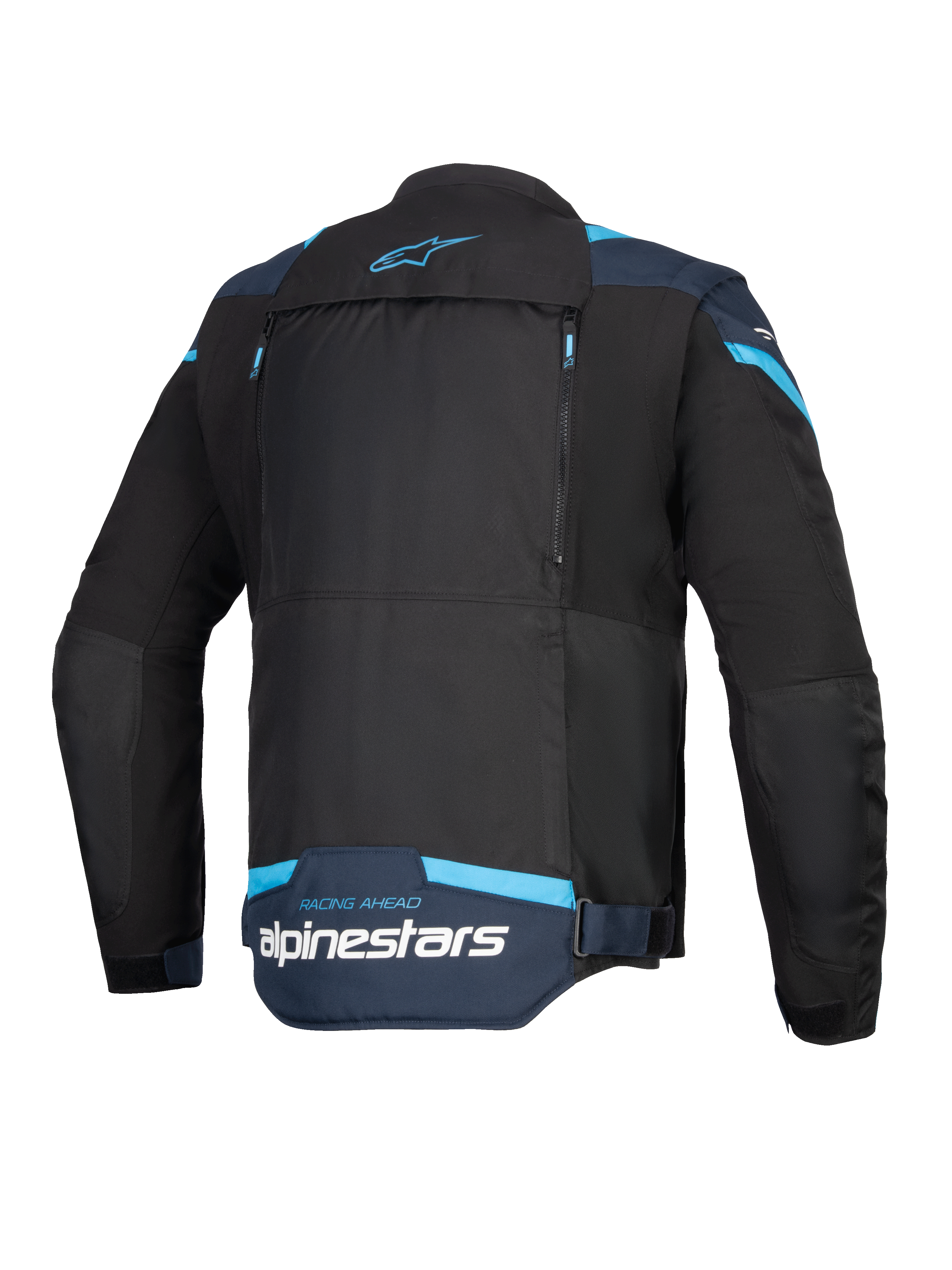 Alpinestars T-Stunt Air Jacket, motorcykeljacka, svart, mörkblå och ljusblå, vy bakifrån som visar stor modulär ryggpanel med dragkedjor, Alpinestars-logotyp och texten 'Racing Ahead' på nedre delen av ryggen.