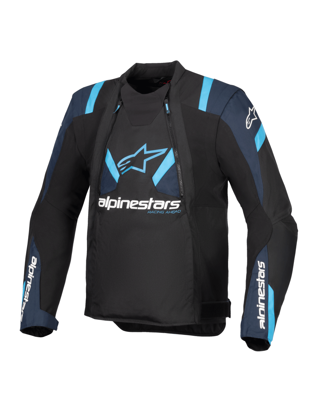 Alpinestars T-Stunt Air-jacka, svart med mörkblå och ljusblå detaljer, motorcykeljacka i textil med modulära meshpaneler, Alpinestars-logotyper på bröstet och ärmarna, sportigt skuren design