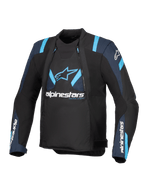 Alpinestars T-Stunt Air-jacka, svart med mörkblå och ljusblå detaljer, motorcykeljacka i textil med modulära meshpaneler, Alpinestars-logotyper på bröstet och ärmarna, sportigt skuren design
