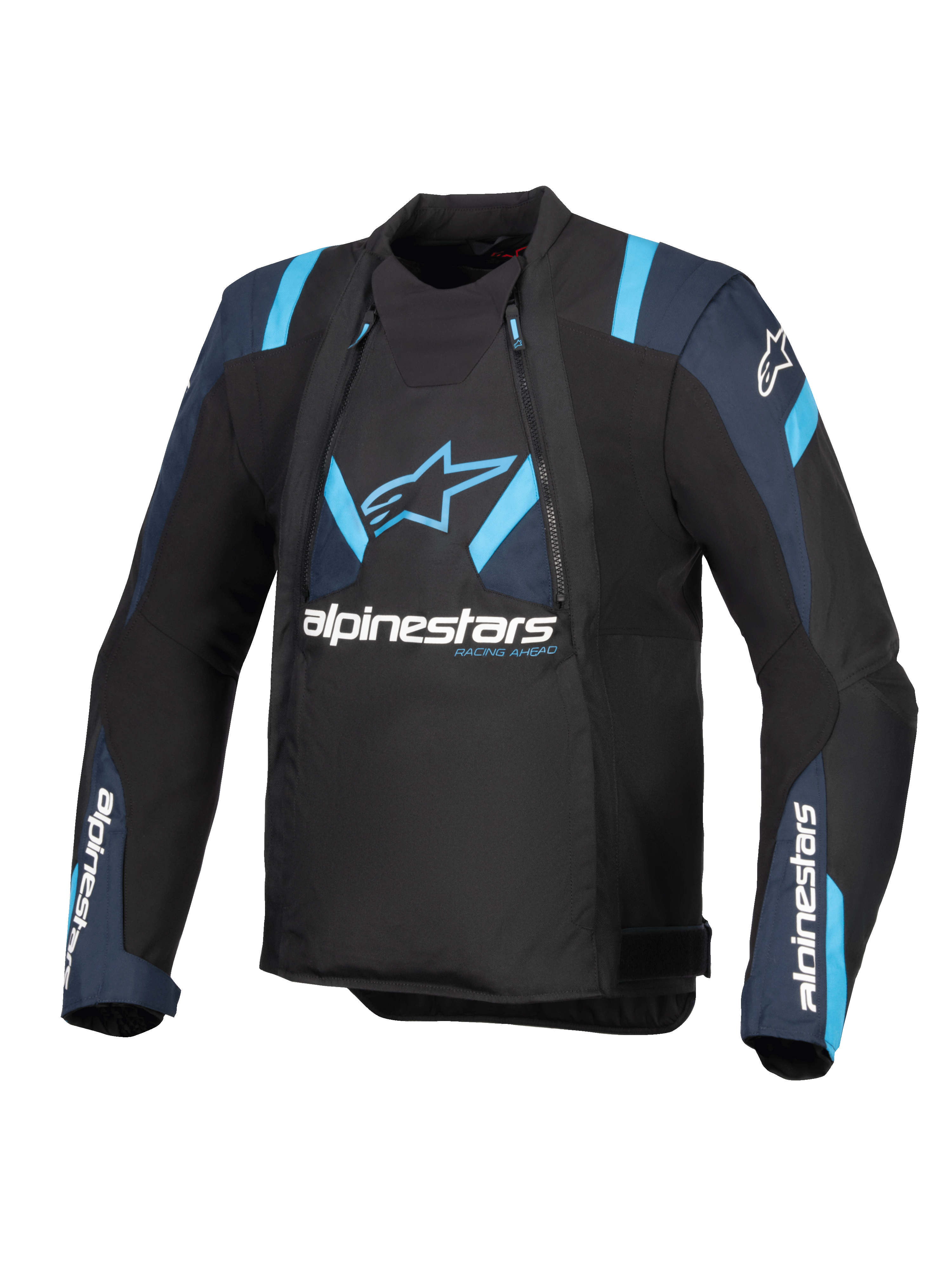 Alpinestars T-Stunt Air-jacka, svart med mörkblå och ljusblå detaljer, motorcykeljacka i textil med modulära meshpaneler, Alpinestars-logotyper på bröstet och ärmarna, sportigt skuren design