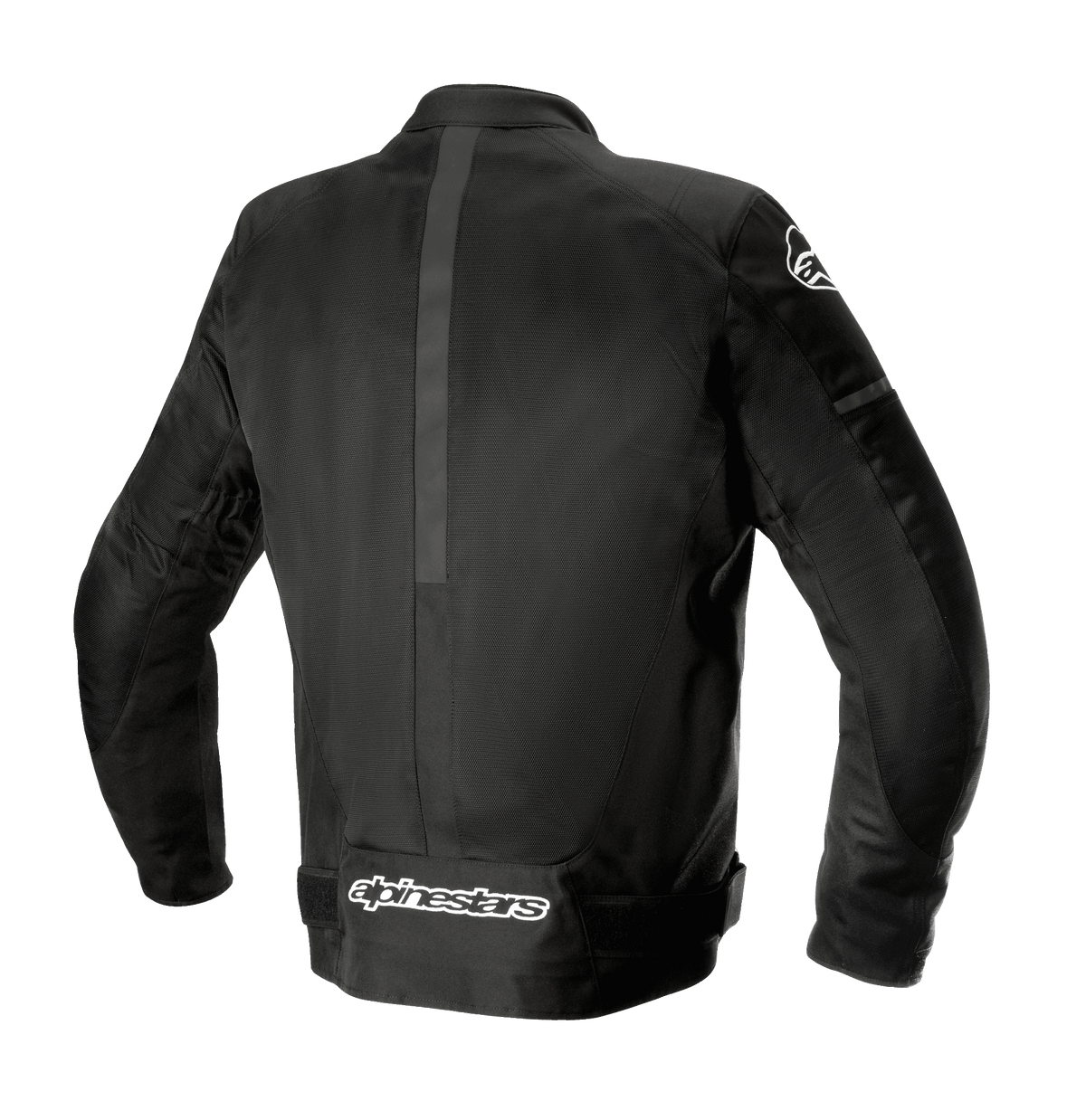 Alpinestars T-SP X Superair Jacket, Black, Rear view showing textile and mesh construction, features extensive mesh panels for ventilation and white Alpinestars branding on the lower back, sport fit motorcycle jacket.