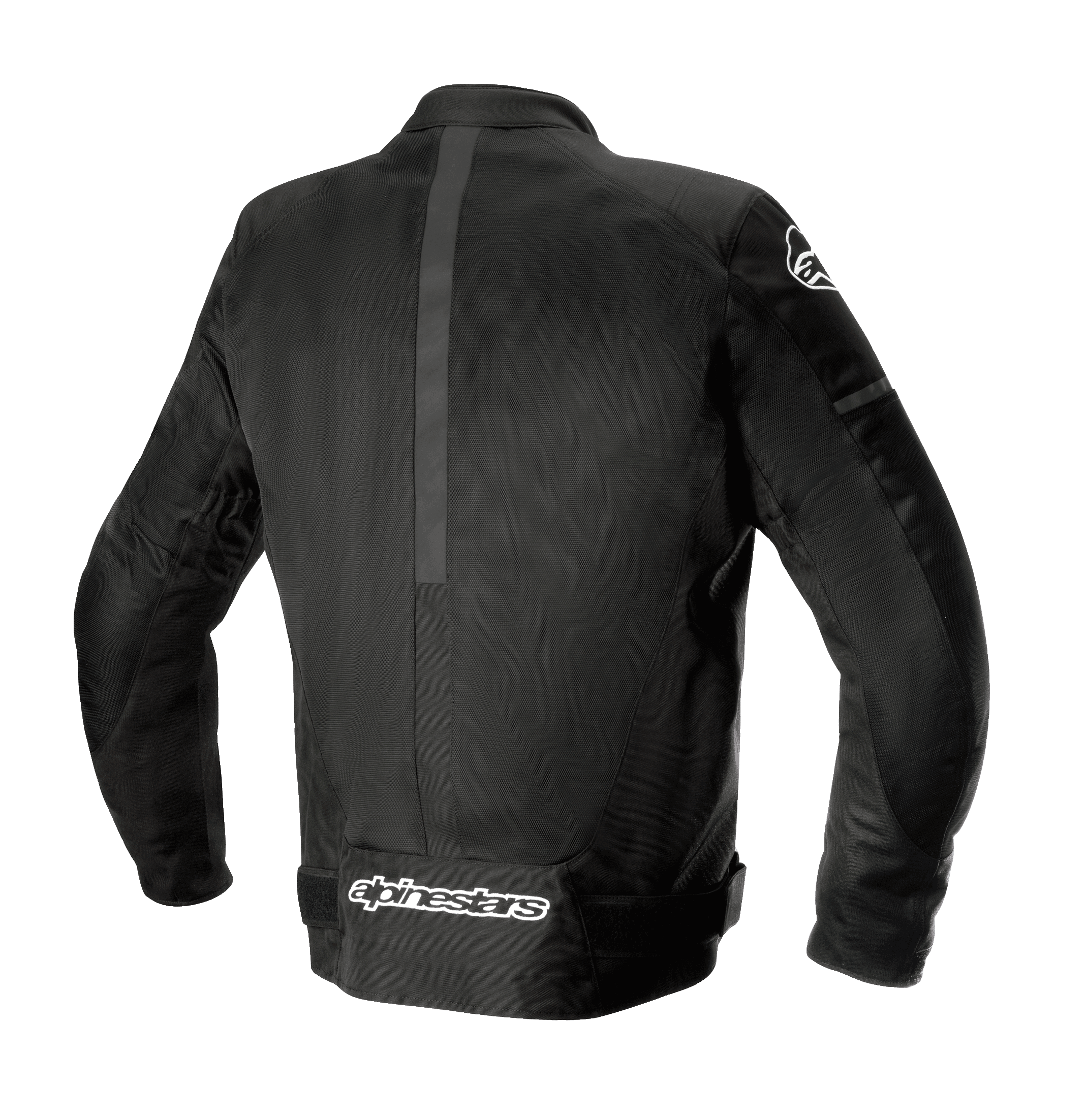Alpinestars T-SP X Superair Jacket, Black, Rear view showing textile and mesh construction, features extensive mesh panels for ventilation and white Alpinestars branding on the lower back, sport fit motorcycle jacket.