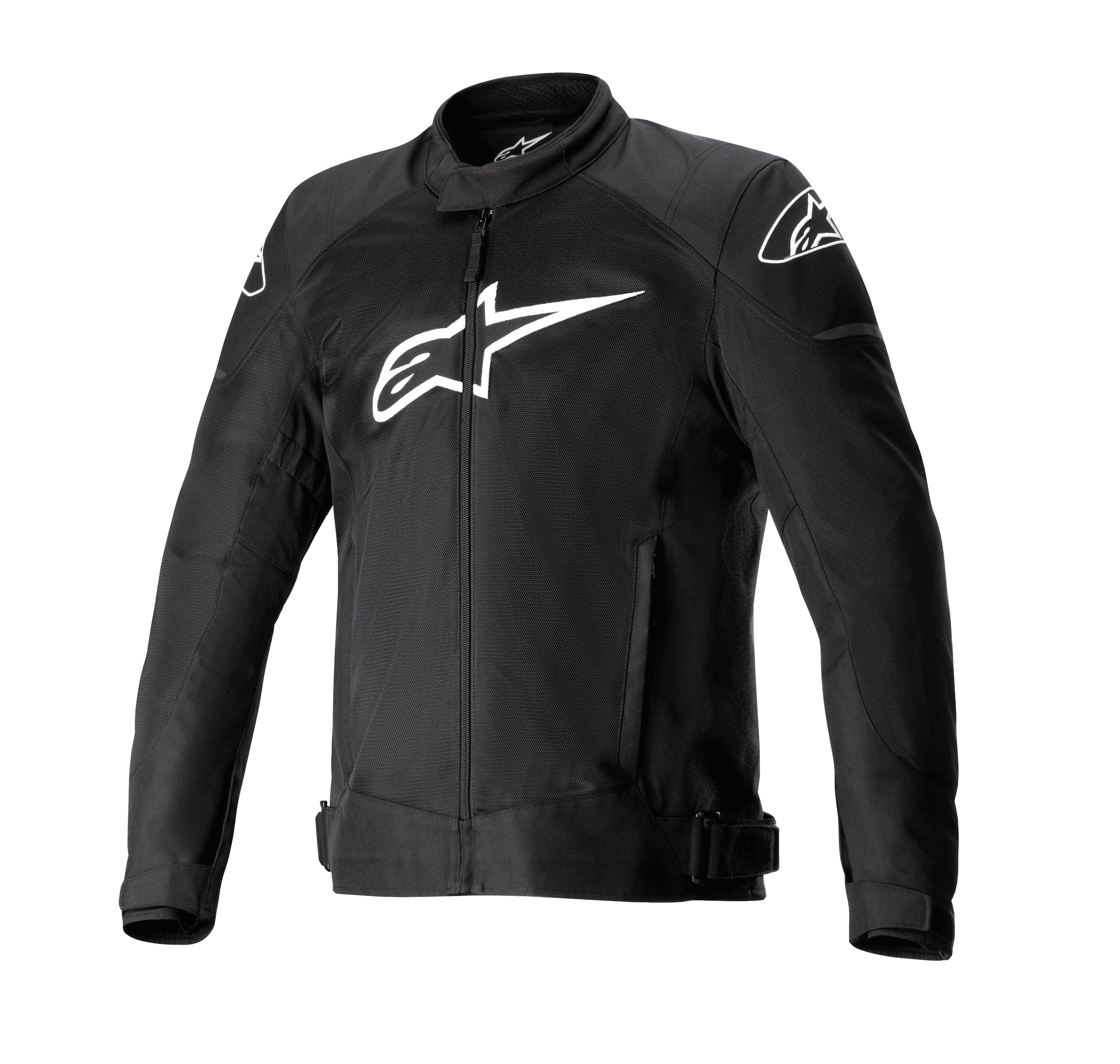 Alpinestars T-SP X Superair Jacket, Black motorcycle jacket with large white Alpinestars logo on the chest, mesh paneling for airflow, front zipper closure, adjustable waist straps, pre-curved sleeves, designed for road sport performance