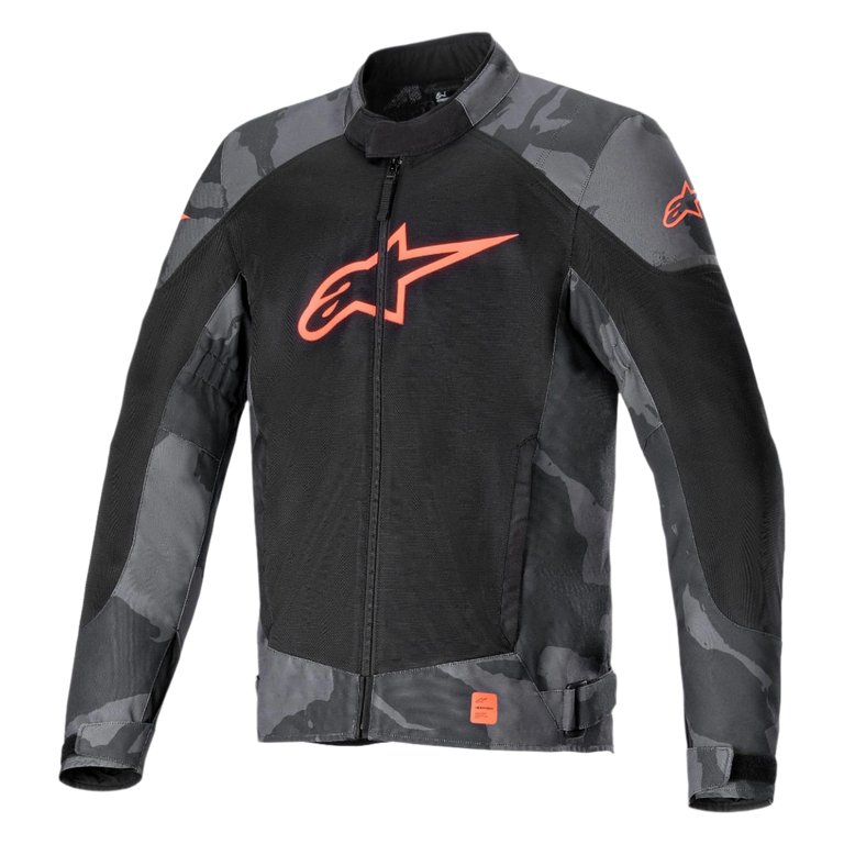 Alpinestars T-SP X Superair-jacka, textiljacka för motorcykel, grå camo och röd fluo, med svarta meshpaneler för luftflöde, grått kamouflagemönster på ärmar och axlar, klarorange Astars-logotyp på bröstet, sportpassform