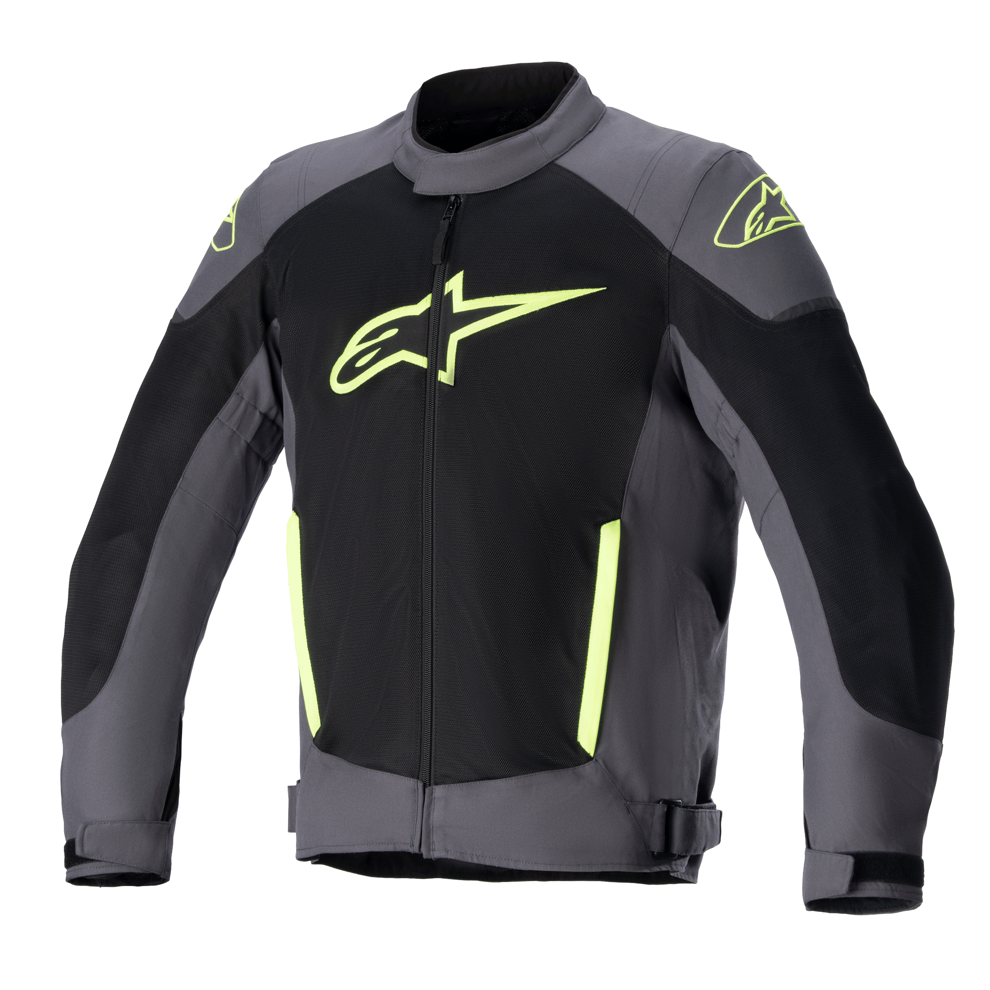 Alpinestars T-SP X Superair Jacket, Motorcycle Textile Jacket, Tar Gray and Black with Yellow Fluo accents, featuring a large yellow logo on the chest, extensive mesh paneling for ventilation, and sport fit design for summer riding