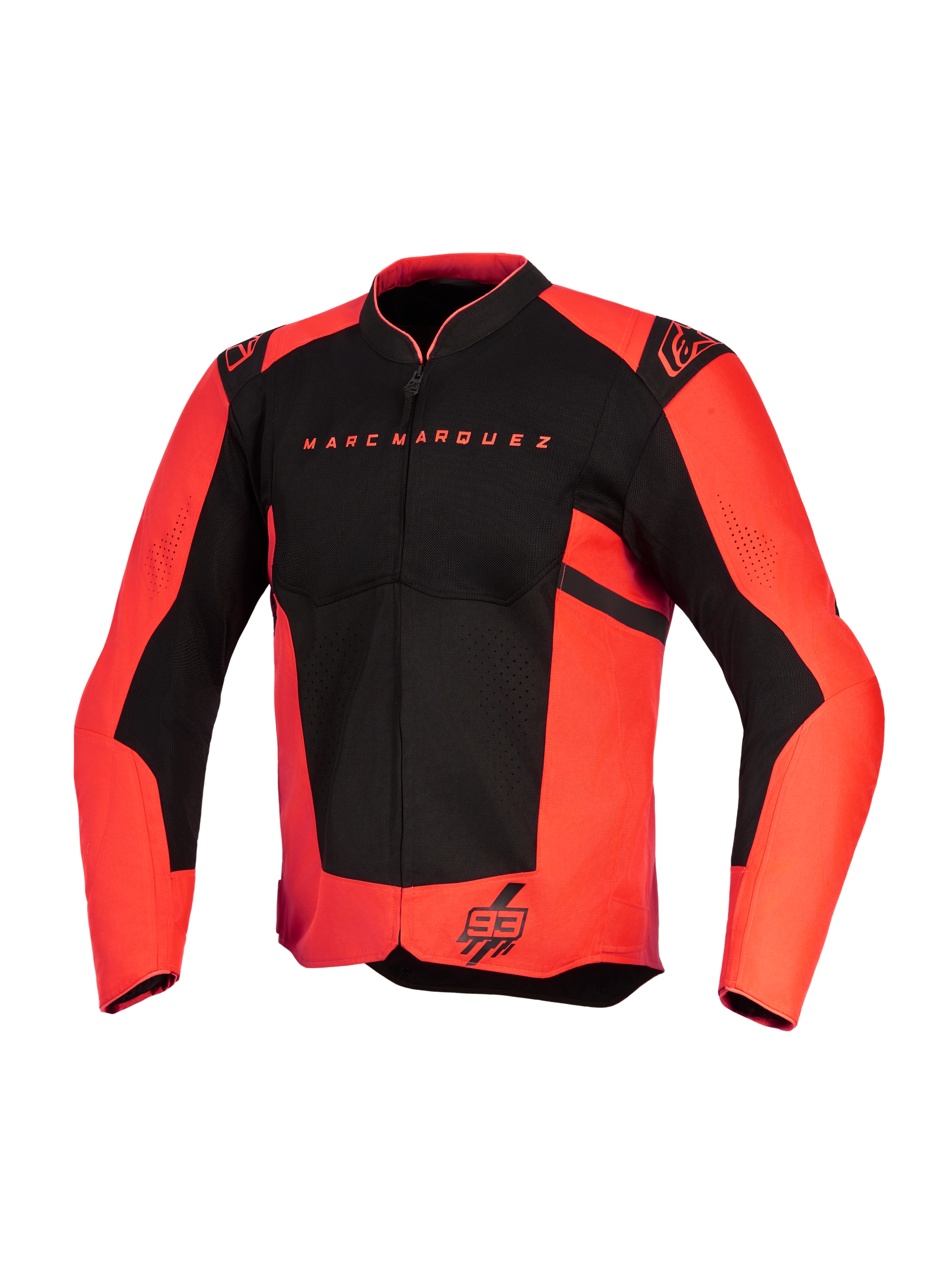 Alpinestars MM93 T-SPS Air V2 Jacket, Motorcycle Jacket, Red Fluo and Black, featuring Marc Marquez text on chest and 93 logo on hem, Alpinestars shoulder logos, mesh panels for airflow, textile sport cut design