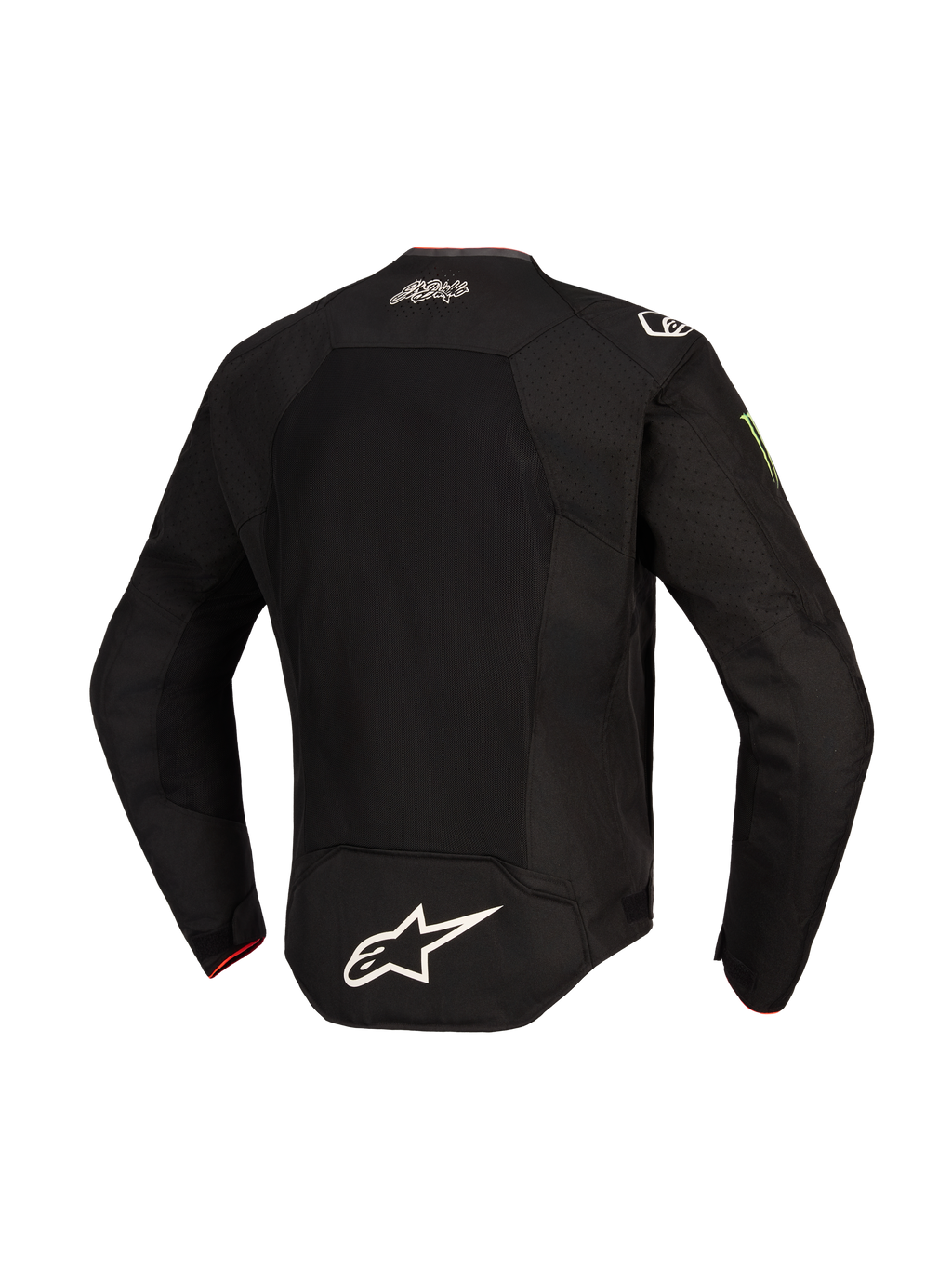 Alpinestars FQ20 T-SPS Air V2 Monster-jacka, baksida, svart, med en stor ventilationspanel i mesh, vit Alpinestars-logotyp på nedre delen av ryggen, El Diablo-signatur på övre delen av ryggen och Monster Energy-logotyp på ärmen, textilmotorcykeljacka för sportkörning