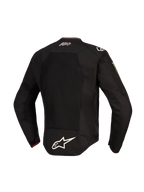 Alpinestars FQ20 T-SPS Air V2 Monster-jacka, baksida, svart, med en stor ventilationspanel i mesh, vit Alpinestars-logotyp på nedre delen av ryggen, El Diablo-signatur på övre delen av ryggen och Monster Energy-logotyp på ärmen, textilmotorcykeljacka för sportkörning