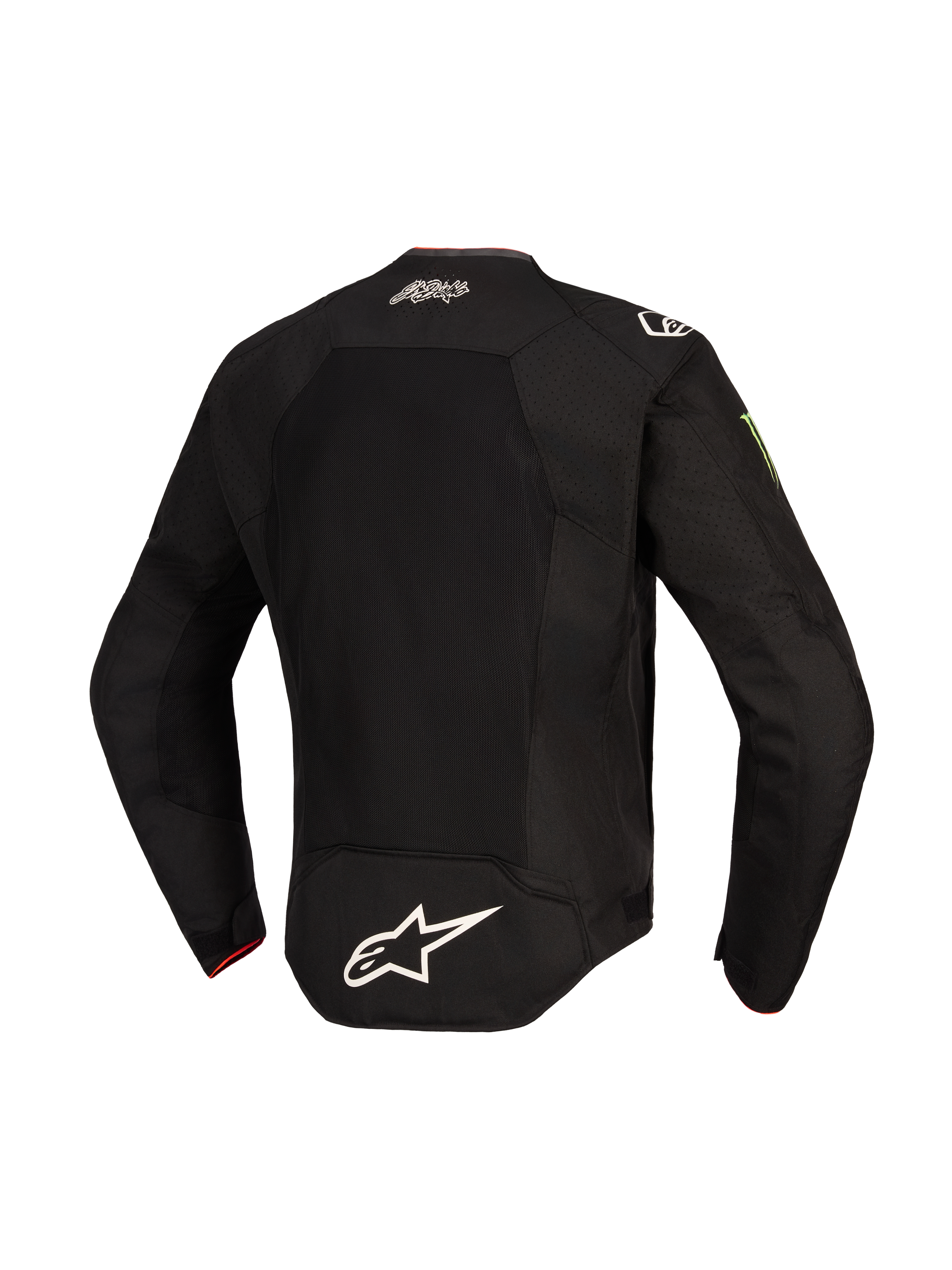 Alpinestars FQ20 T-SPS Air V2 Monster-jacka, baksida, svart, med en stor ventilationspanel i mesh, vit Alpinestars-logotyp på nedre delen av ryggen, El Diablo-signatur på övre delen av ryggen och Monster Energy-logotyp på ärmen, textilmotorcykeljacka för sportkörning