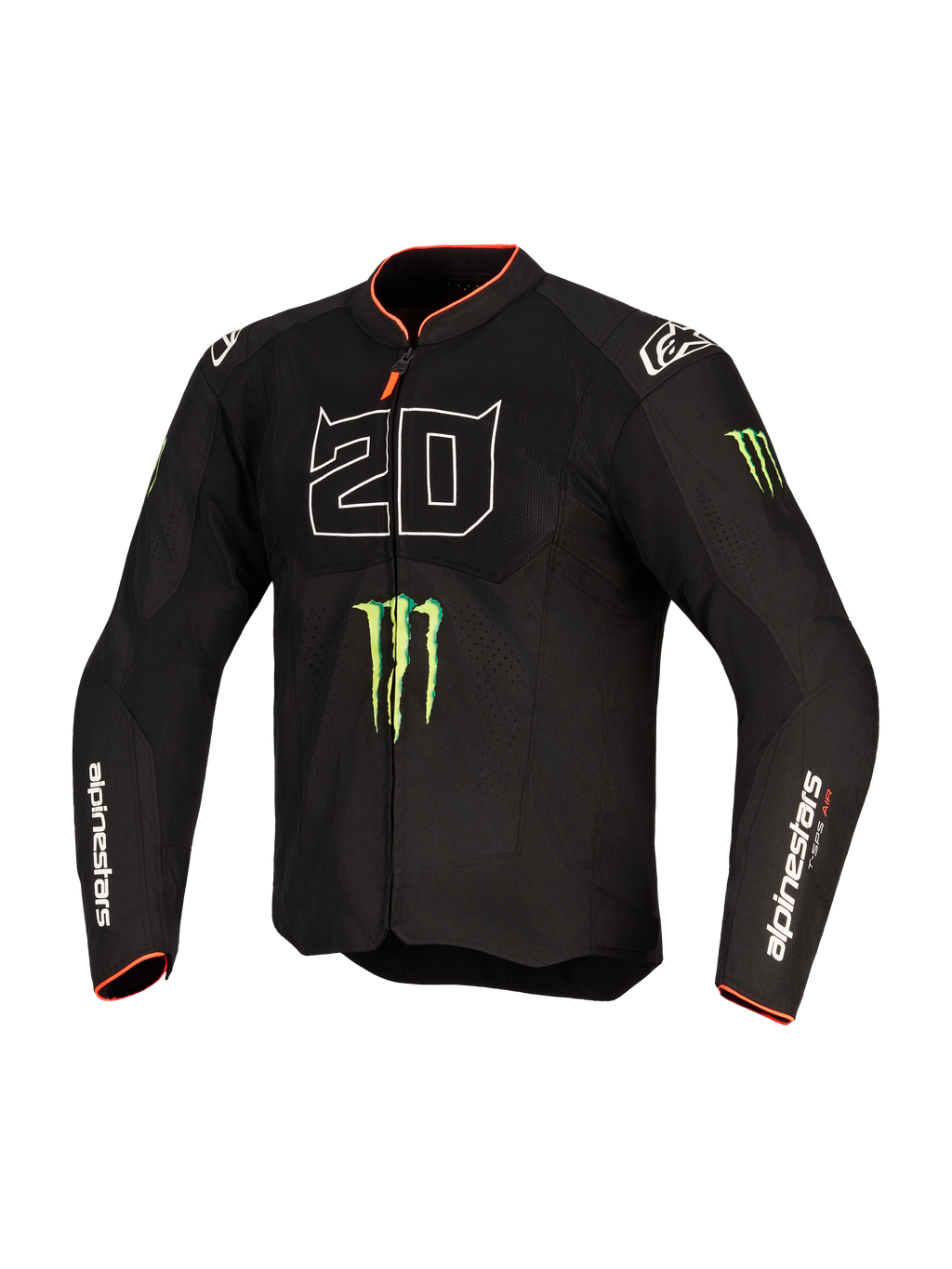 Alpinestars FQ20 T-SPS Air V2 Monster-jacka, textil motorcykeljacka, svart med stor vit '20'-grafik, gröna Monster Energy-klologotyper och röda detaljer på kragen och ärmsluten, meshpaneler för ventilation, Alpinestars-logotyper på ärmarna, prestandapassform för sportkörning