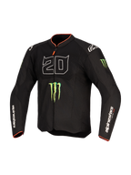 Alpinestars FQ20 T-SPS Air V2 Monster-jacka, textil motorcykeljacka, svart med stor vit '20'-grafik, gröna Monster Energy-klologotyper och röda detaljer på kragen och ärmsluten, meshpaneler för ventilation, Alpinestars-logotyper på ärmarna, prestandapassform för sportkörning