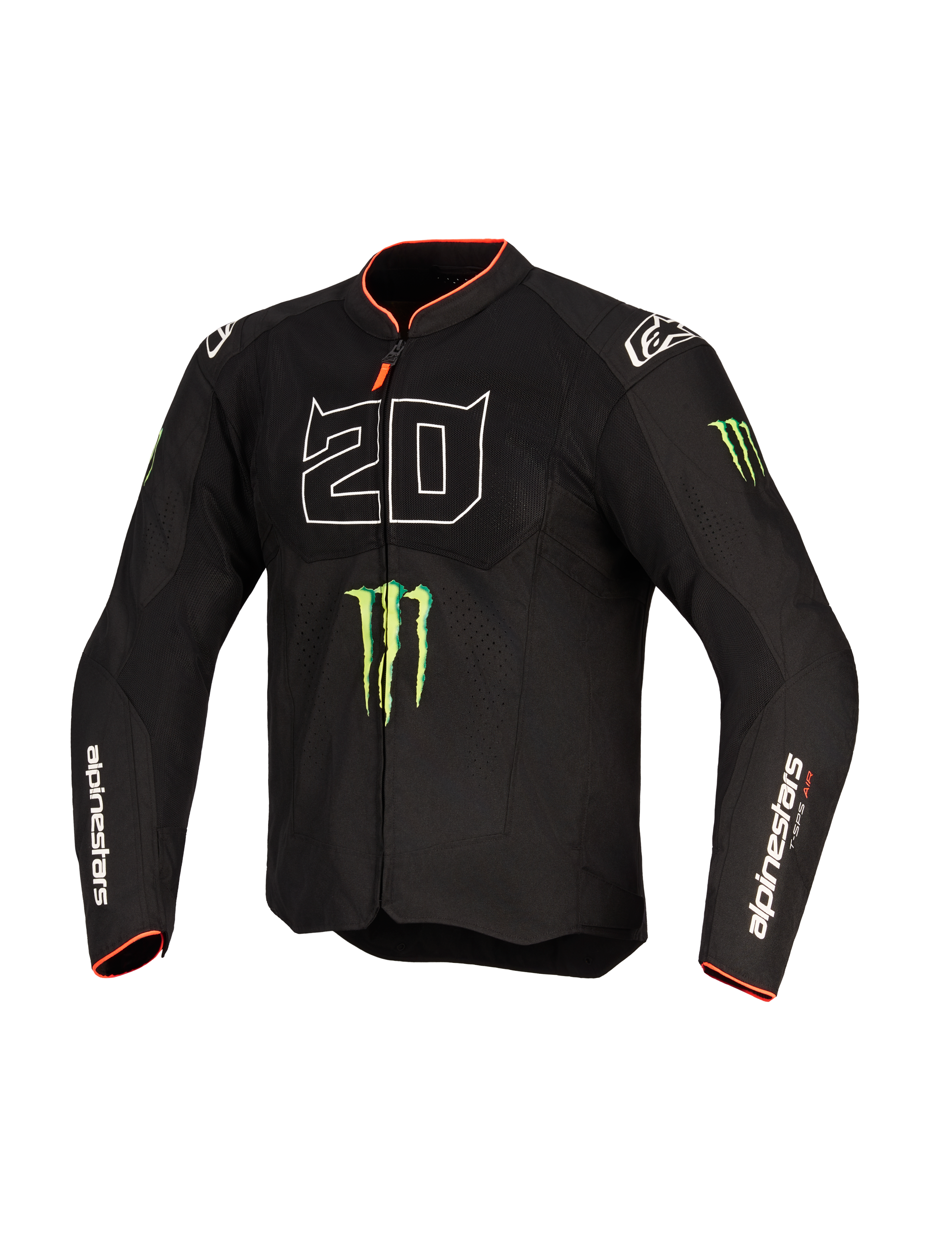 Alpinestars FQ20 T-SPS Air V2 Monster-jacka, textil motorcykeljacka, svart med stor vit '20'-grafik, gröna Monster Energy-klologotyper och röda detaljer på kragen och ärmsluten, meshpaneler för ventilation, Alpinestars-logotyper på ärmarna, prestandapassform för sportkörning