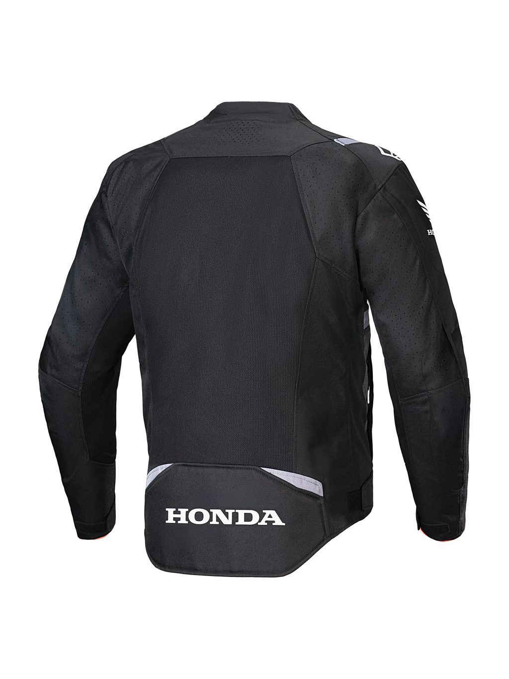 Alpinestars Honda T-SPS Air V2-jacka, svart, vy bakifrån med en stor meshpanel för luftflöde, vit Honda-logotyp på nedre ryggen och Alpinestars-märkning på axlarna, textiljacka för motorcykel för sommarkörning.