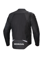 Alpinestars Honda T-SPS Air V2-jacka, svart, vy bakifrån med en stor meshpanel för luftflöde, vit Honda-logotyp på nedre ryggen och Alpinestars-märkning på axlarna, textiljacka för motorcykel för sommarkörning.