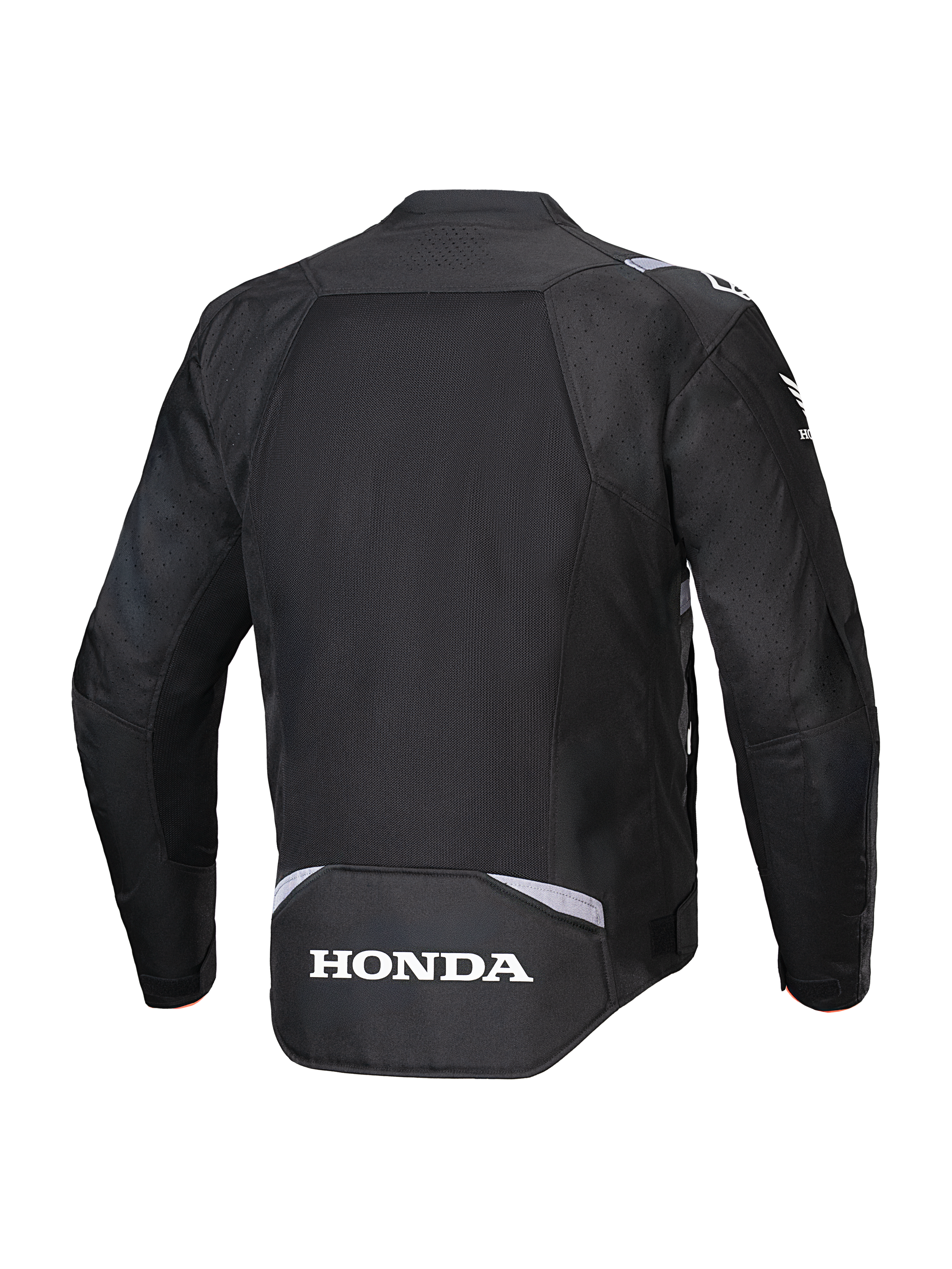 Alpinestars Honda T-SPS Air V2-jacka, svart, vy bakifrån med en stor meshpanel för luftflöde, vit Honda-logotyp på nedre ryggen och Alpinestars-märkning på axlarna, textiljacka för motorcykel för sommarkörning.