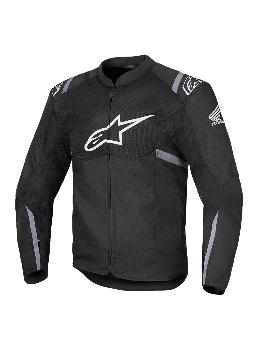 Alpinestars Honda T-SPS Air V2-jacka, svart motorcykeljacka i textil med stor vit Alpinestars-logotyp på bröstet och Hondas vinglogotyp på ärmen, med perforerade meshpaneler för andningsförmåga, grå reflekterande ränder på ärmar och midja samt dragkedja framtill.