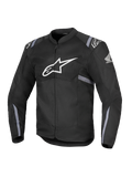 Alpinestars Honda T-SPS Air V2-jacka, svart motorcykeljacka i textil med stor vit Alpinestars-logotyp på bröstet och Hondas vinglogotyp på ärmen, med perforerade meshpaneler för andningsförmåga, grå reflekterande ränder på ärmar och midja samt dragkedja framtill.