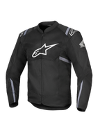 Alpinestars Honda T-SPS Air V2-jacka, svart motorcykeljacka i textil med stor vit Alpinestars-logotyp på bröstet och Hondas vinglogotyp på ärmen, med perforerade meshpaneler för andningsförmåga, grå reflekterande ränder på ärmar och midja samt dragkedja framtill.