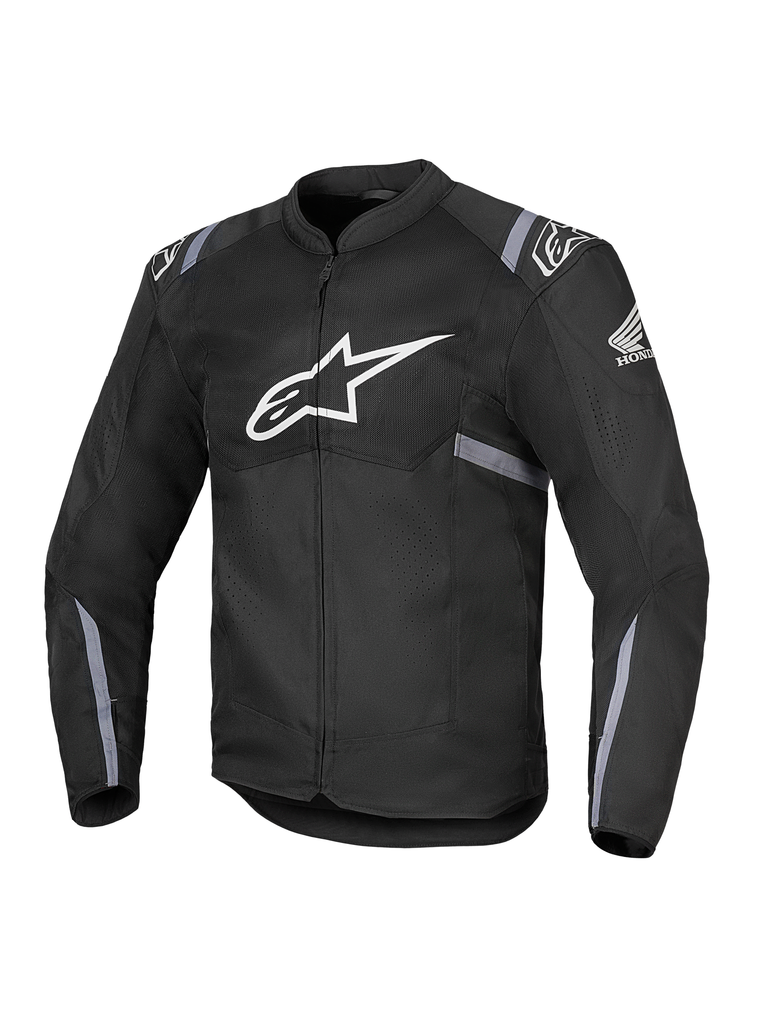 Alpinestars Honda T-SPS Air V2-jacka, svart motorcykeljacka i textil med stor vit Alpinestars-logotyp på bröstet och Hondas vinglogotyp på ärmen, med perforerade meshpaneler för andningsförmåga, grå reflekterande ränder på ärmar och midja samt dragkedja framtill.