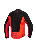 Alpinestars MM93 C-1 Air Jacket, Back View, Red Fluo and Black, textile motorcycle jacket featuring large tech mesh panels, Alpinestars logo on upper back, and 'MM93 Marc Marquez' branding on the lower back, adjustable waist tabs