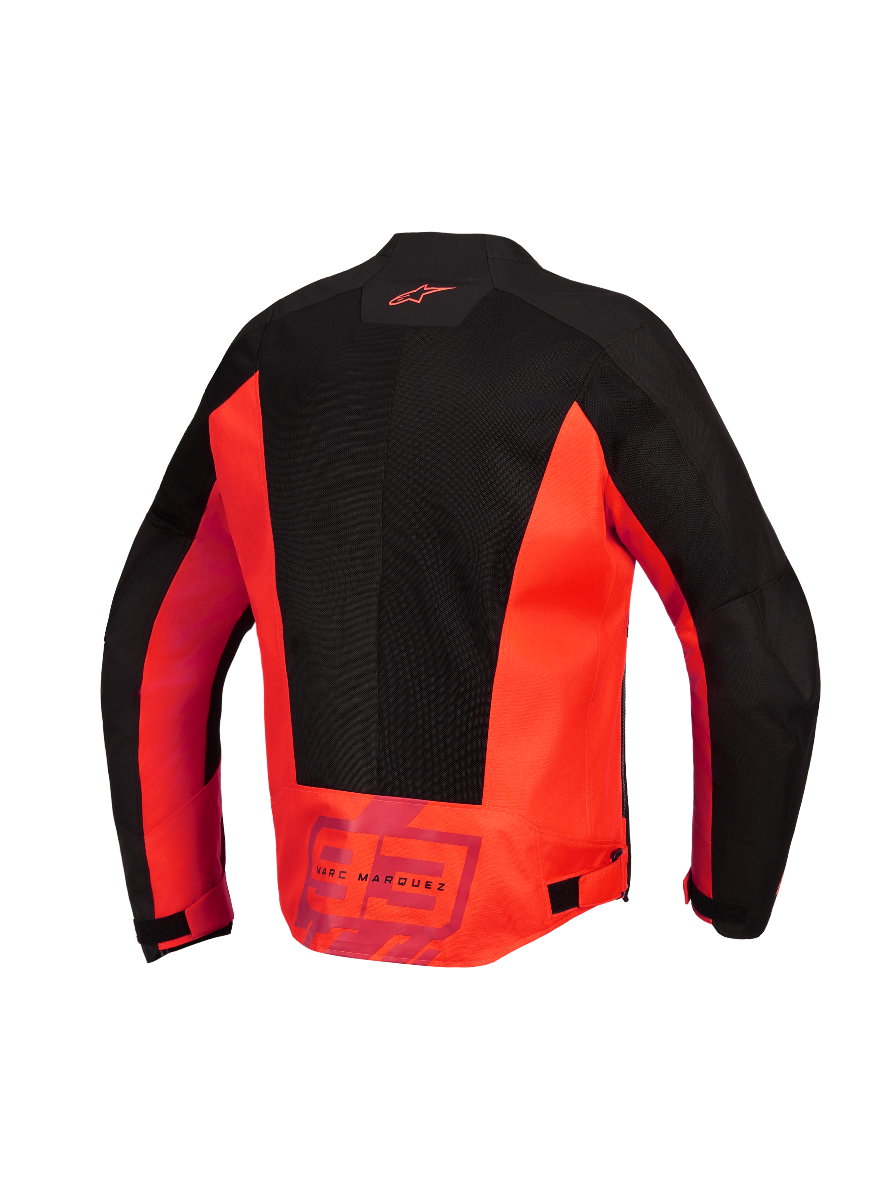 Alpinestars MM93 C-1 Air Jacket, Back View, Red Fluo and Black, textile motorcycle jacket featuring large tech mesh panels, Alpinestars logo on upper back, and 'MM93 Marc Marquez' branding on the lower back, adjustable waist tabs