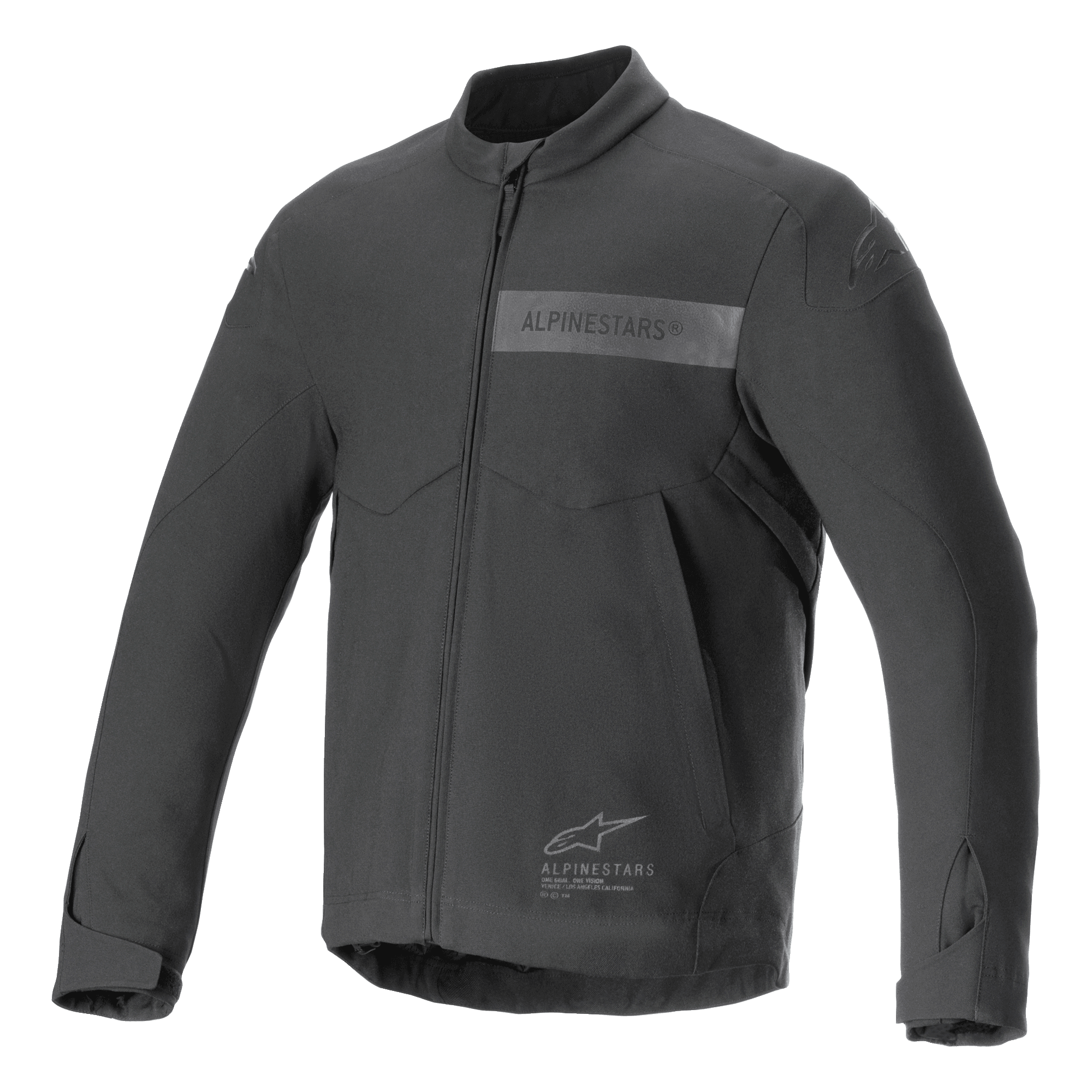 Alpinestars Aeron Jacket, Motorcycle Jacket, Black, minimalist summer riding design, featuring a high collar, full-length front zipper, tonal Alpinestars branding on the chest, and adjustable cuffs