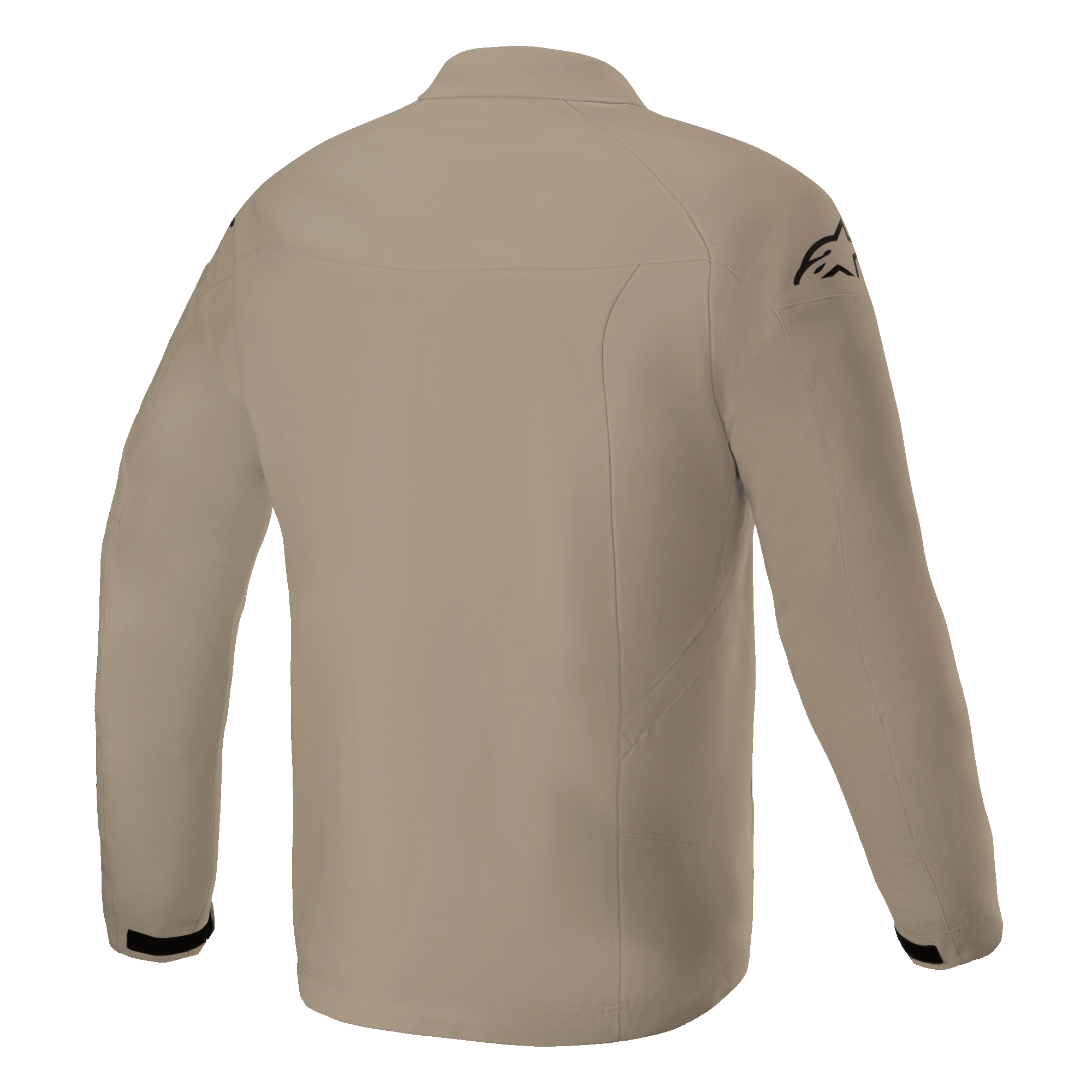 Alpinestars Aeron-jacka, motorcykeljacka, sandfärgad, baksida som visar en minimalistisk urban design, andningsbar textilkonstruktion med en svart logotyp på axeln och svarta detaljer vid ärmsluten